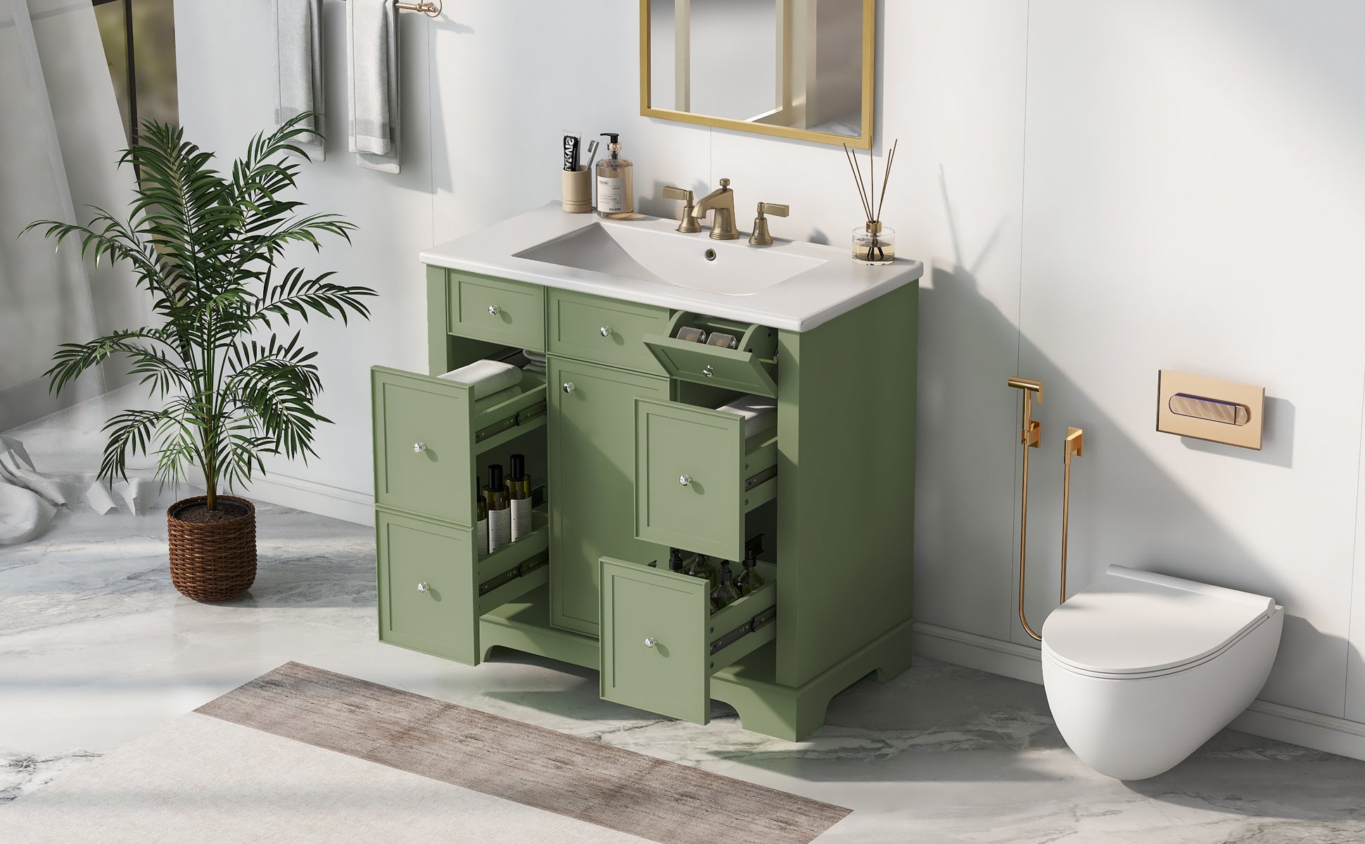 36" Bathroom Vanity with Sink, One Cabinet with Three drawers and One Flip Drawer, Solid Wood and MDF Board, Green