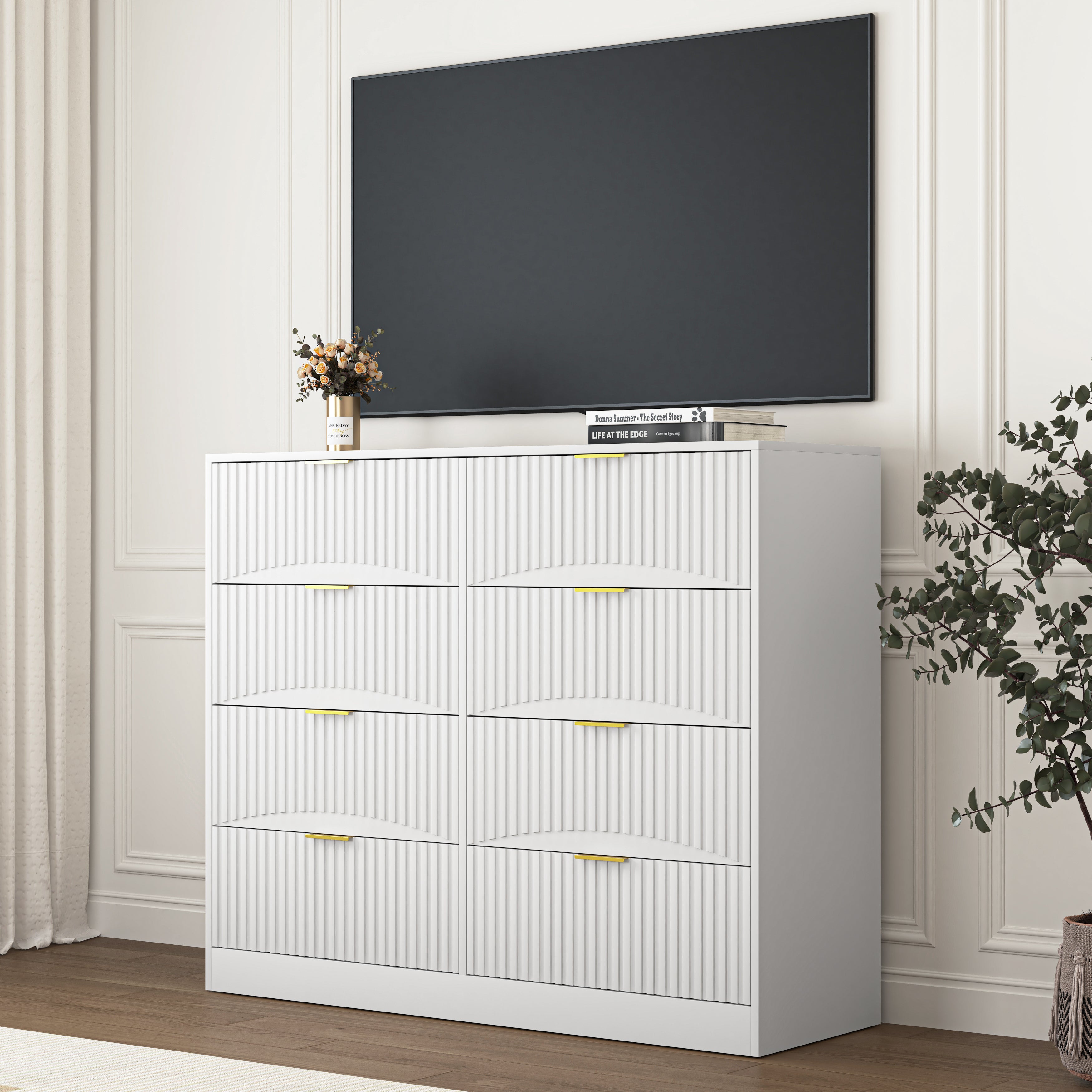 White 47.2 inch wide 8-drawer dresser with gold handles, side profile view