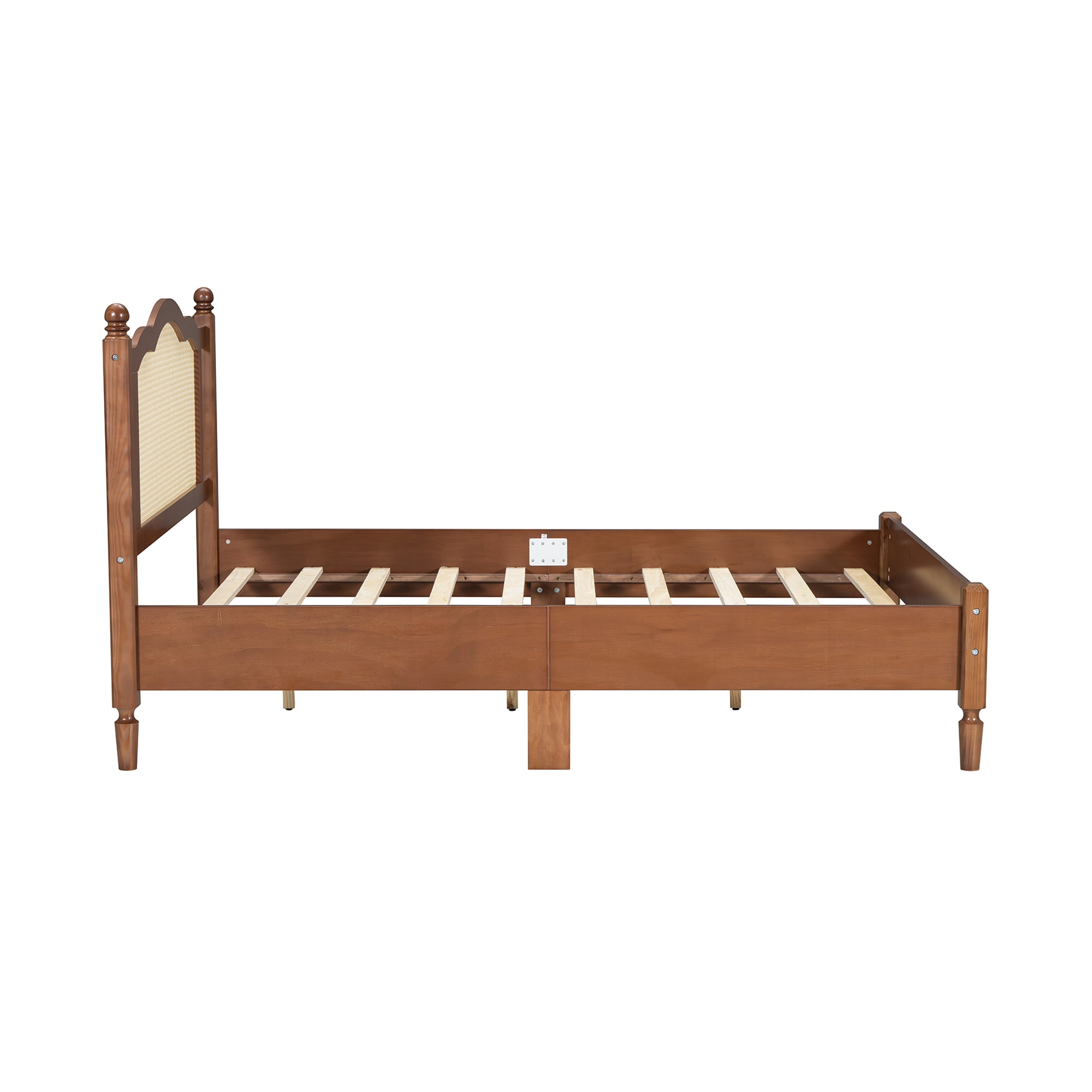 Full Size Wooden Platform Bed with Natural Rattan Headboard, Vintage Bed Frame with Wooden Slat Support, Walnut