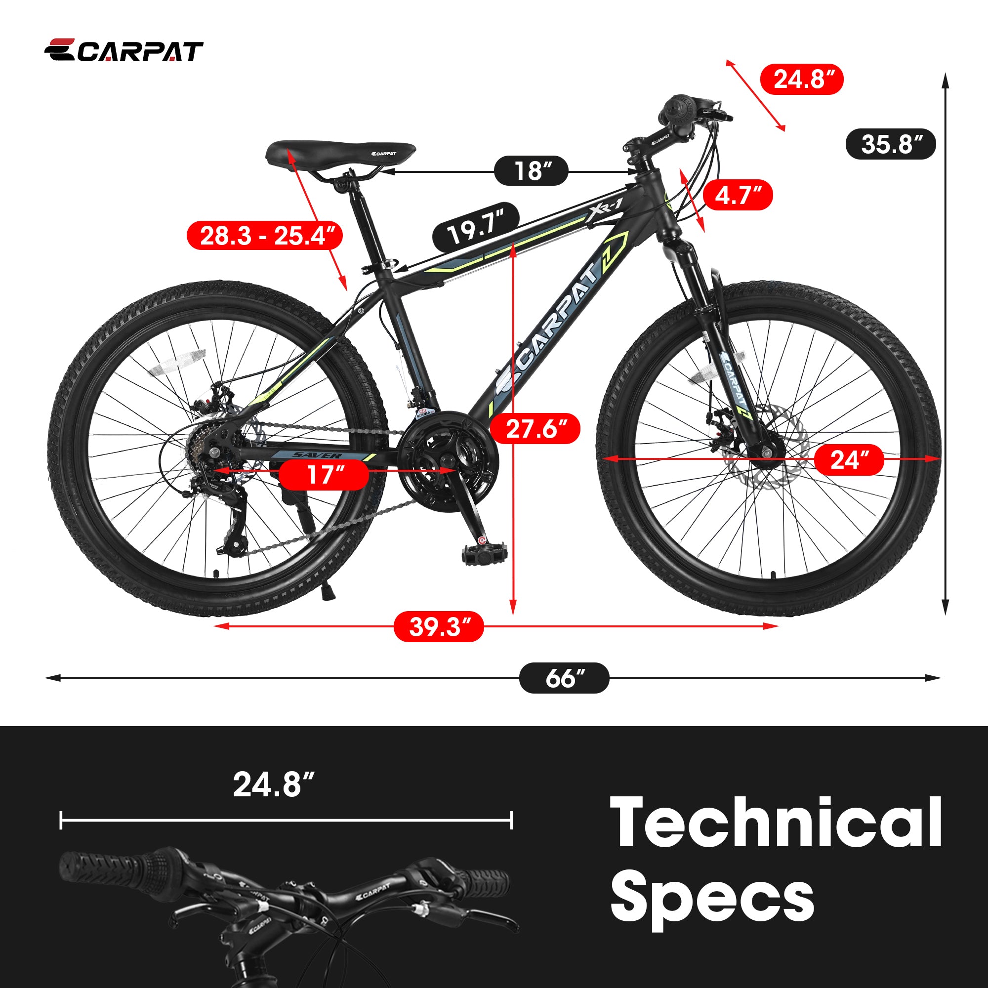 S24102   24 Inch Mountain Bike Boys Girls, Steel  Frame, Shimano 21 Speed Mountain Bicycle with Daul Disc Brakes and Front Suspension MTB