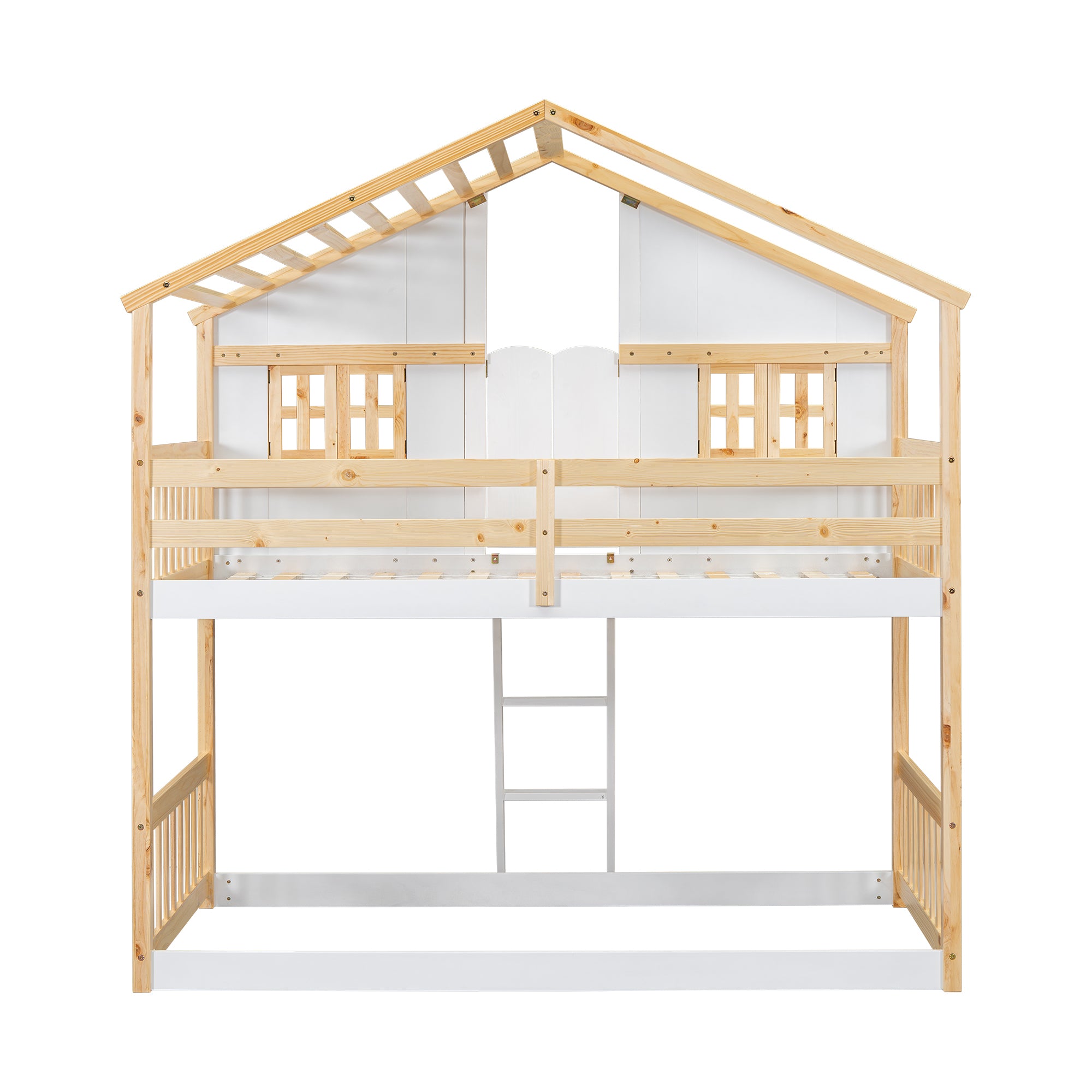 Twin over Twin House Bunk Bed with Roof , Window, Window  Box, Door , with Safety Guardrails and Ladder, Natural/White