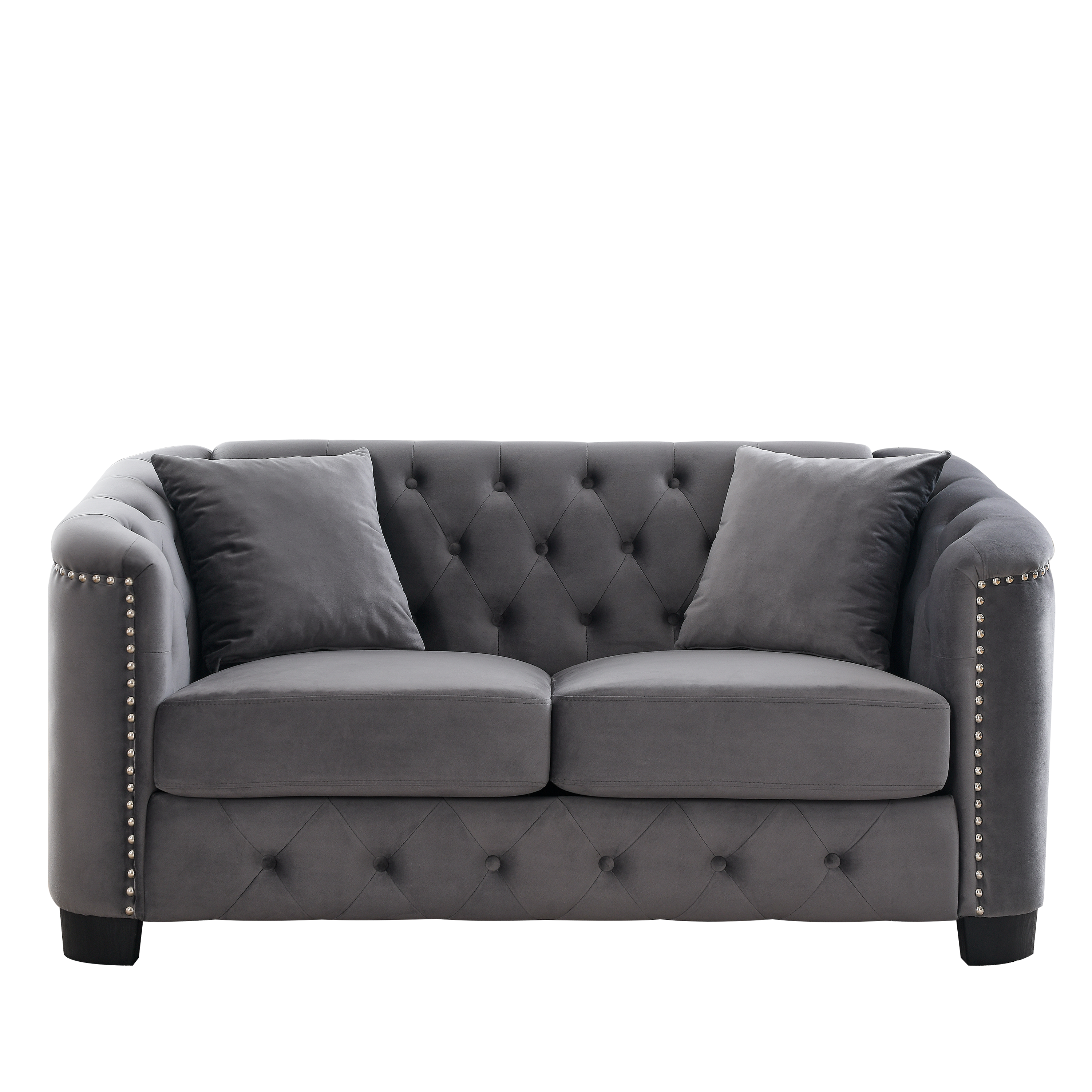 59-Inch Modern Chesterfield Velvet Sofa, 2-Seater Sofa, Upholstered Tufted Backrests with Nailhead Arms and 2 Cushions for Living Room, Bedroom, Apartment, Office (Grey)