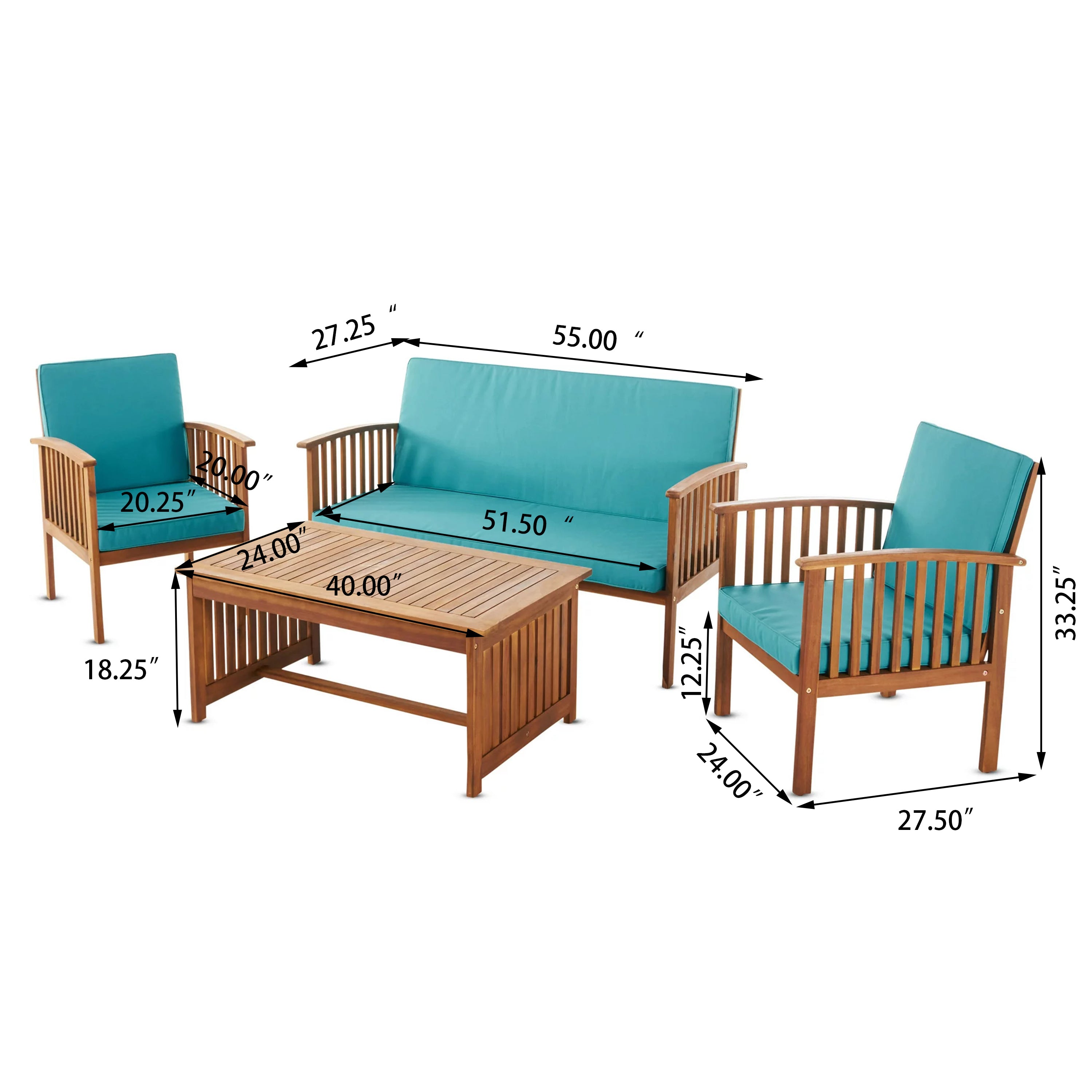 Outdoor Acacia Wood Sofa Set with Water Resistant Cushions, 4-Pcs Set, Brown Patina / Teal