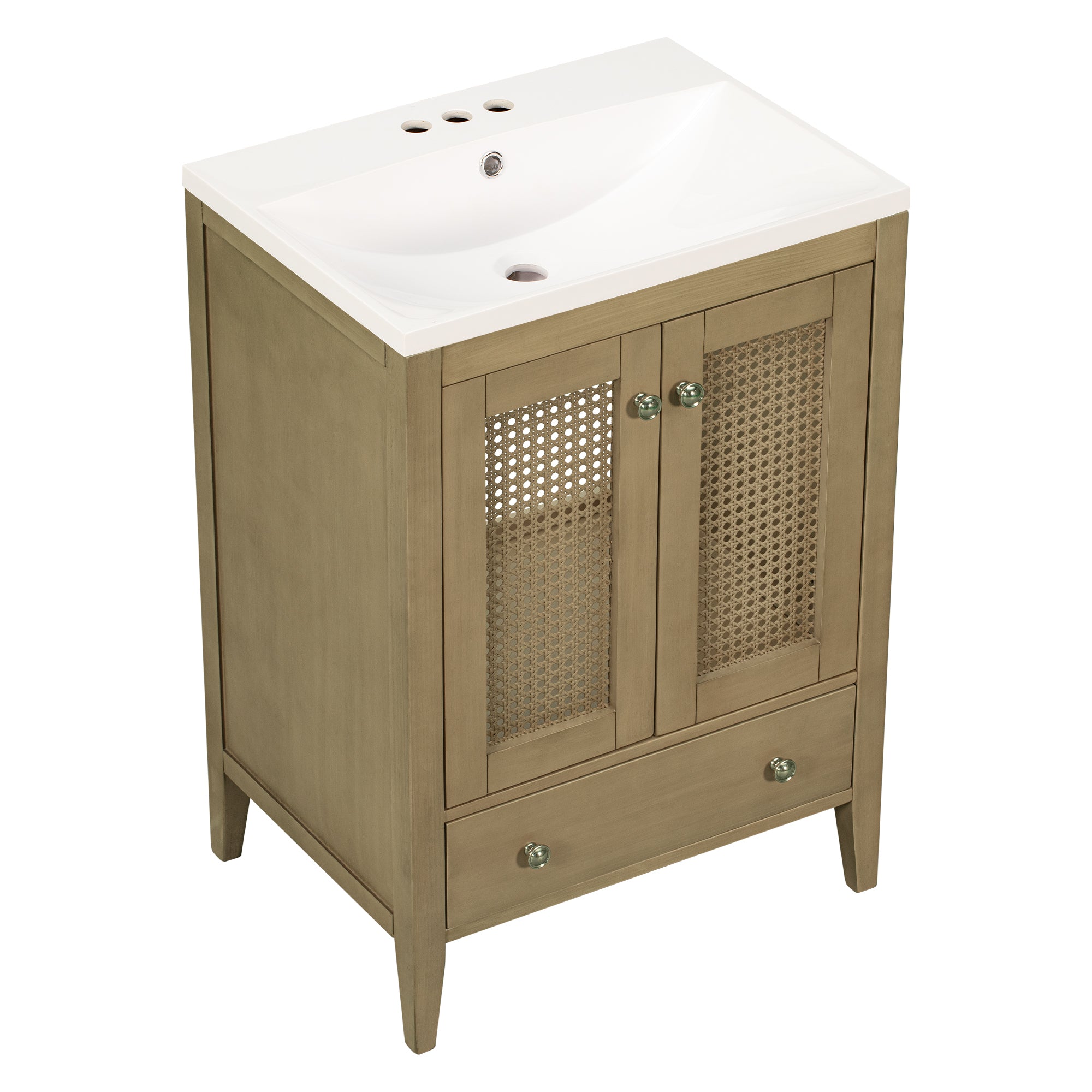 24" Bathroom Vanity with Ceramic Basin, Rattan Bathroom Storage Cabinet with Two Doors and Drawer, Solid Frame, Natural (OLD SKU: JL000008AAD)