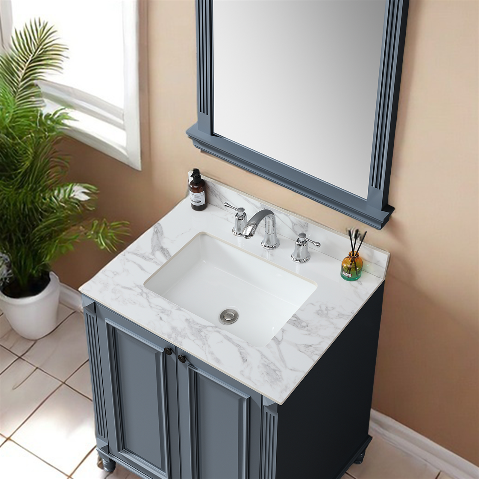 31"x22"Bathroom Vanity Top,sintered stone carra white   Barthroom Vanity Sink Tops with Rectangular Undermount Ceramic Sink with Vanity Backsplash, Three Faucet Hole Bathroom Vanity Countertop