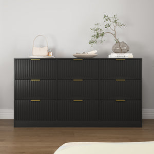 Black 9-drawer wooden dresser 63 inch chest of drawers front view