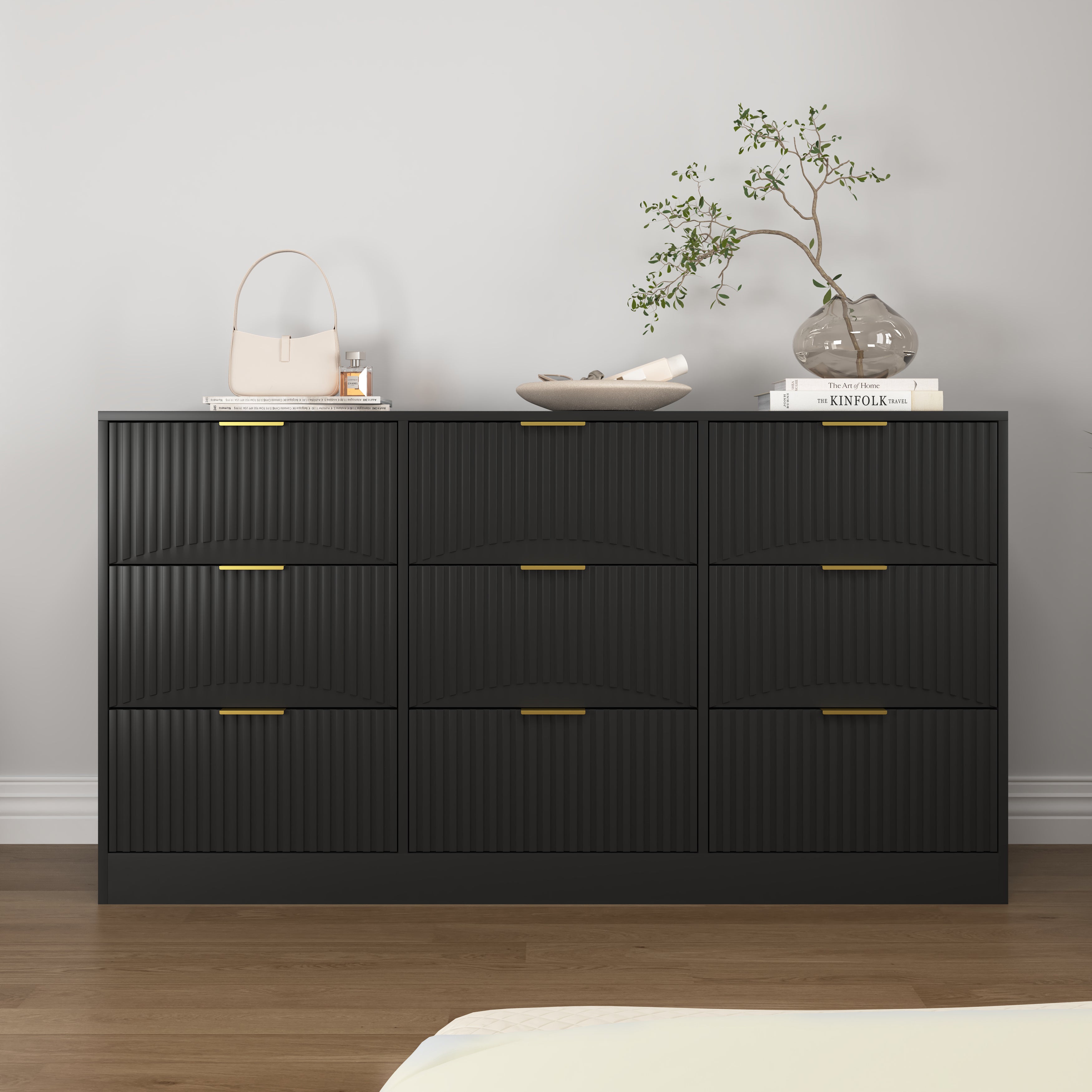 Black 9-drawer wooden dresser 63 inch chest of drawers front view