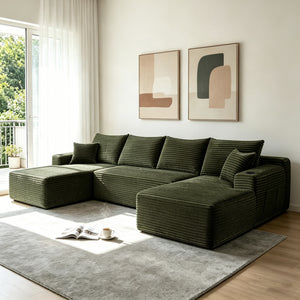 Green plush U-shape cloud sectional sofa, 134 inch, front view