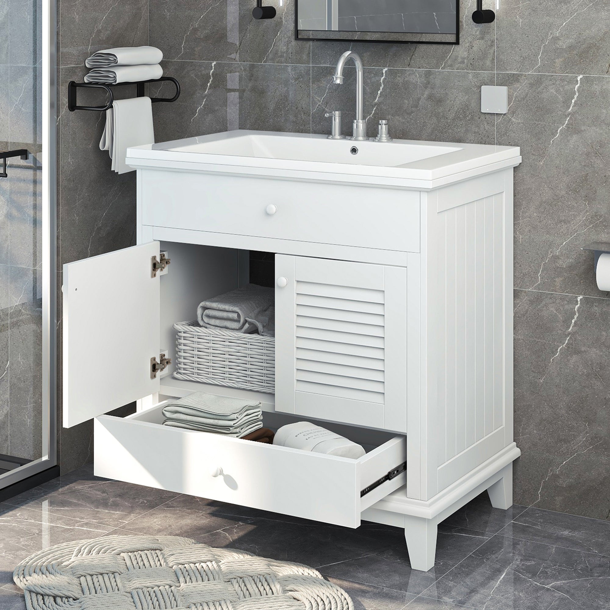 30" Bathroom Vanity with Sink, Bathroom Cabinet with Two Doors and One Drawer, White (OLD SKU: JL000005AAK)