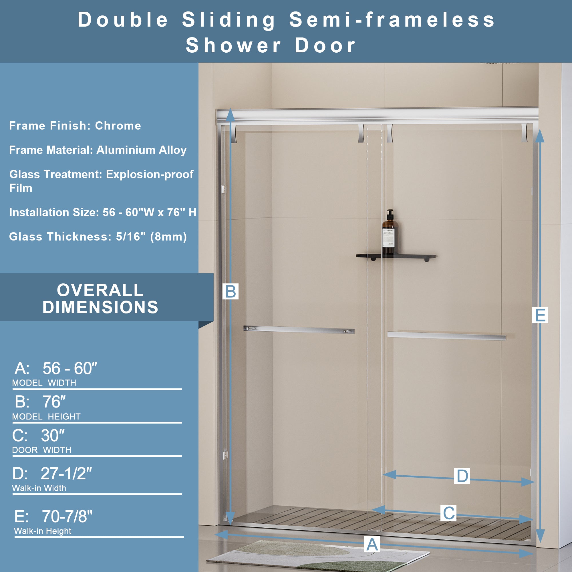 56-60"W x 76"H Semi-Frameless Shower Door, Double Sliding Shower Door, 5/16" (8mm) Clear Tempered Glass Shower Door with Explosion-Proof Film, Chrome 24D212-60C-COMBO