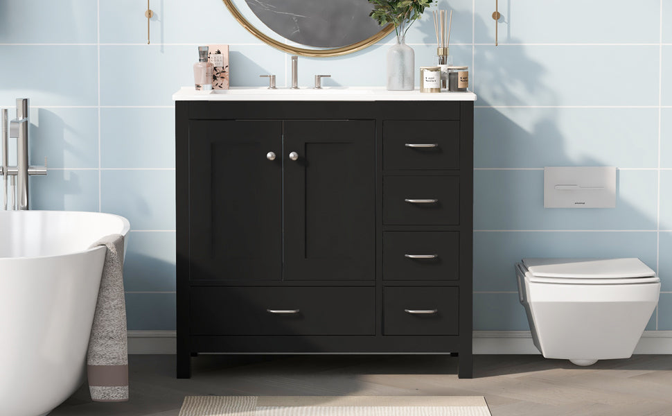 36" Black Bathroom Vanity with Ceramic Sink Combo, Abundant Storage Cabinet -2 Soft close doors and 5 drawers