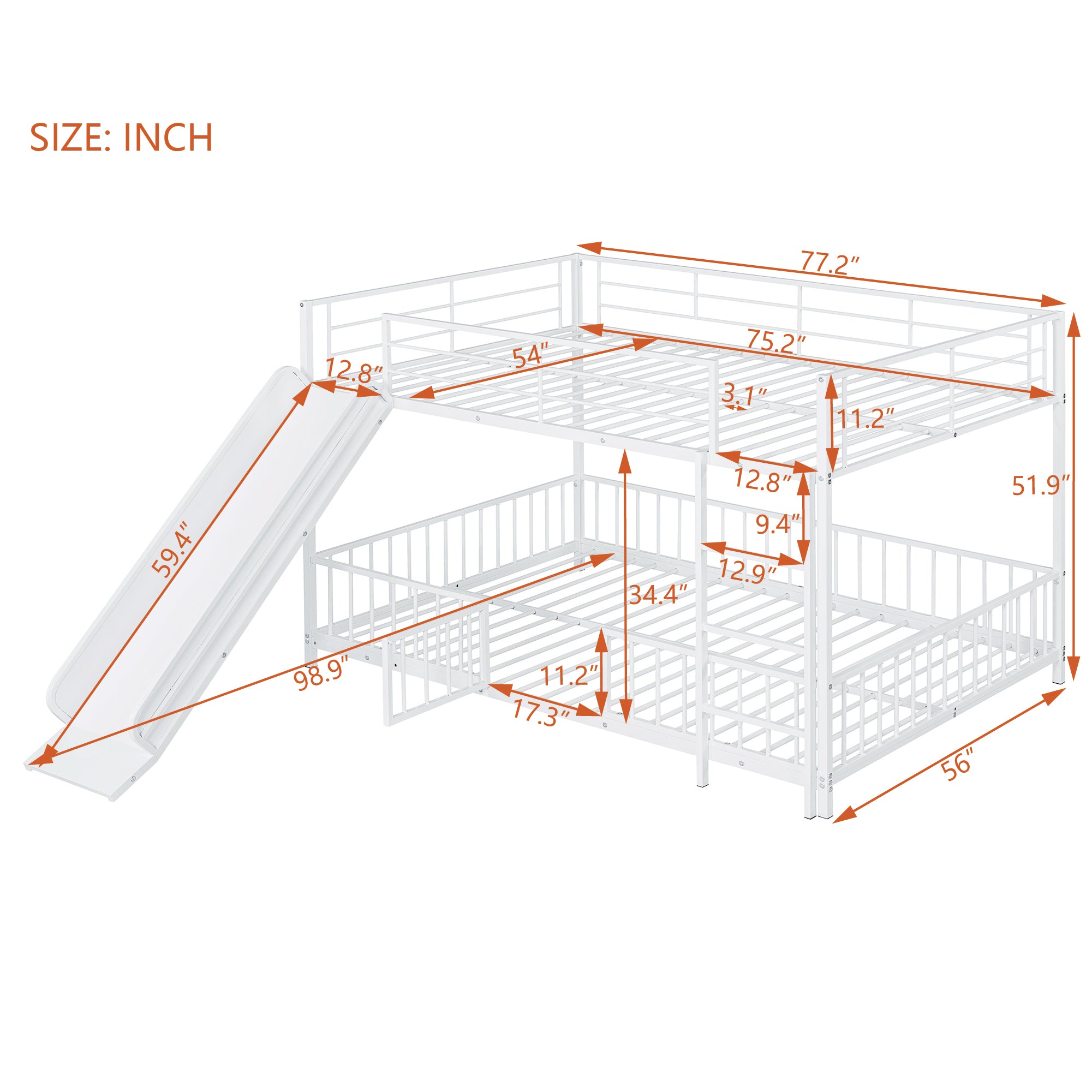 Full over Full Size Metal Bunk Bed with Slide and Guardrails, White