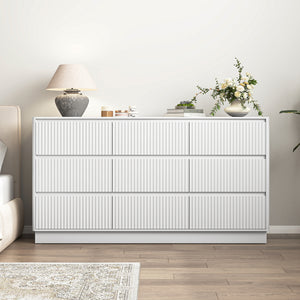 9-drawer mid-century white wood dresser, front view