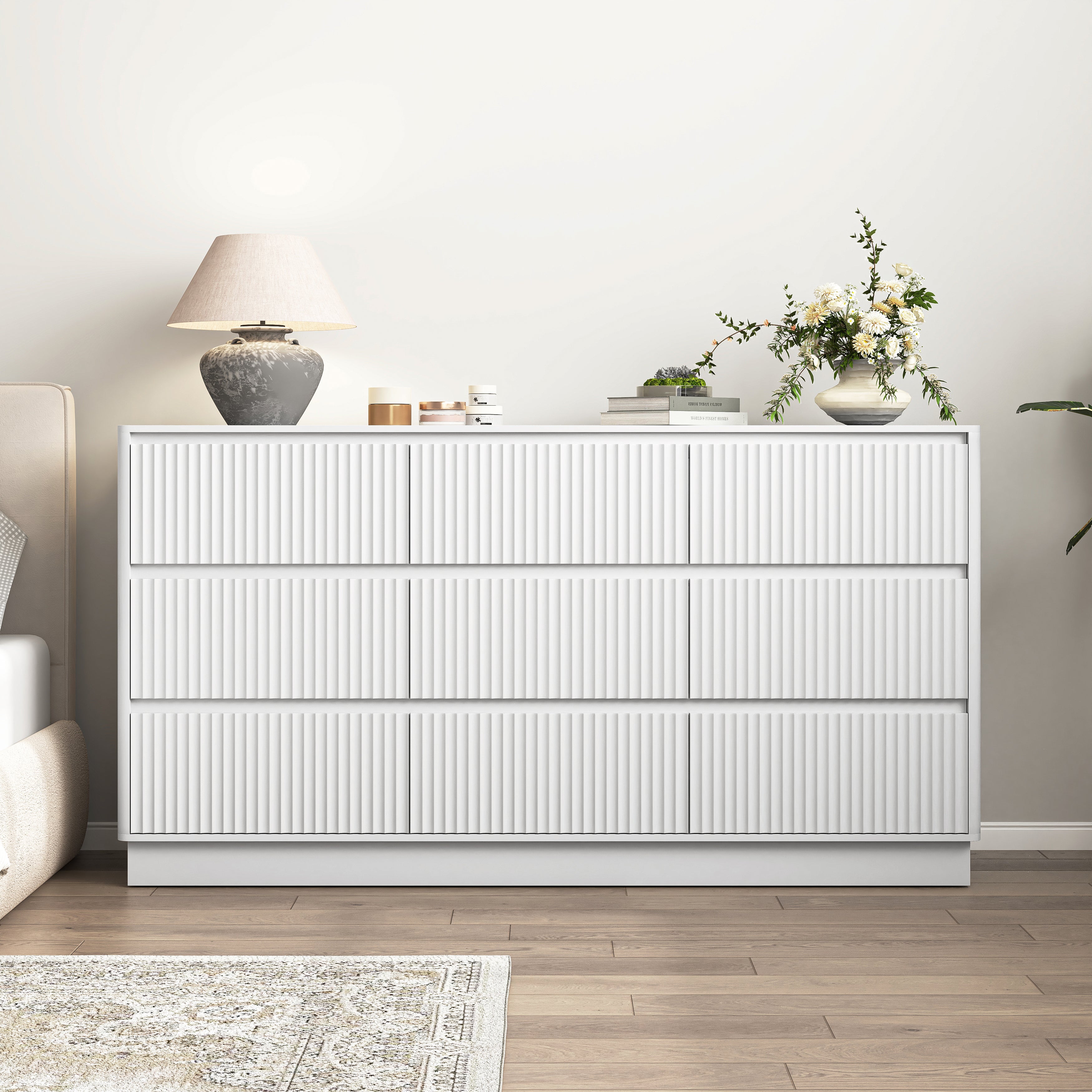 9 drawer wood dresser in white, mid-century storage chest, front view