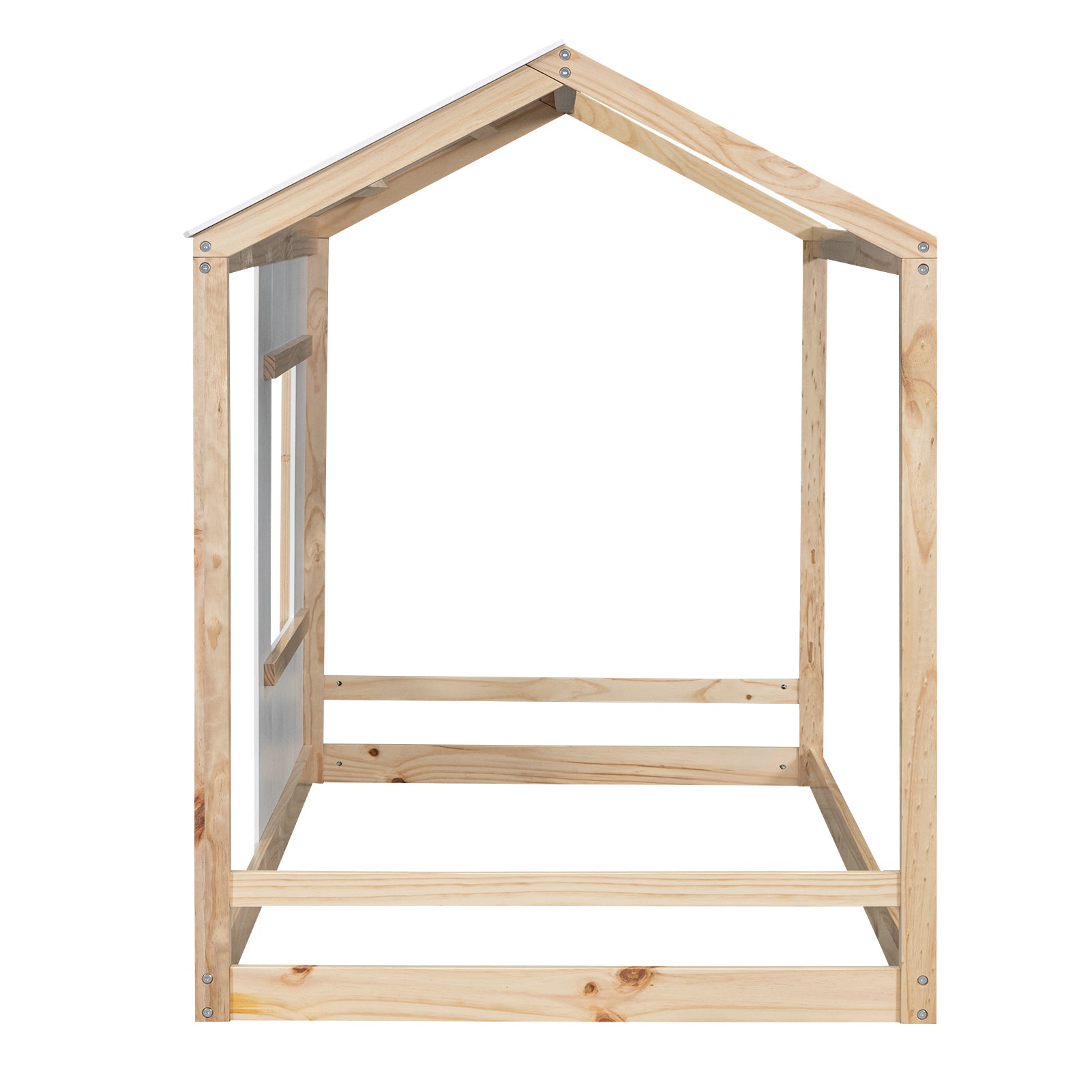 Twin Size House Platform with Roof and Window , White+Natural