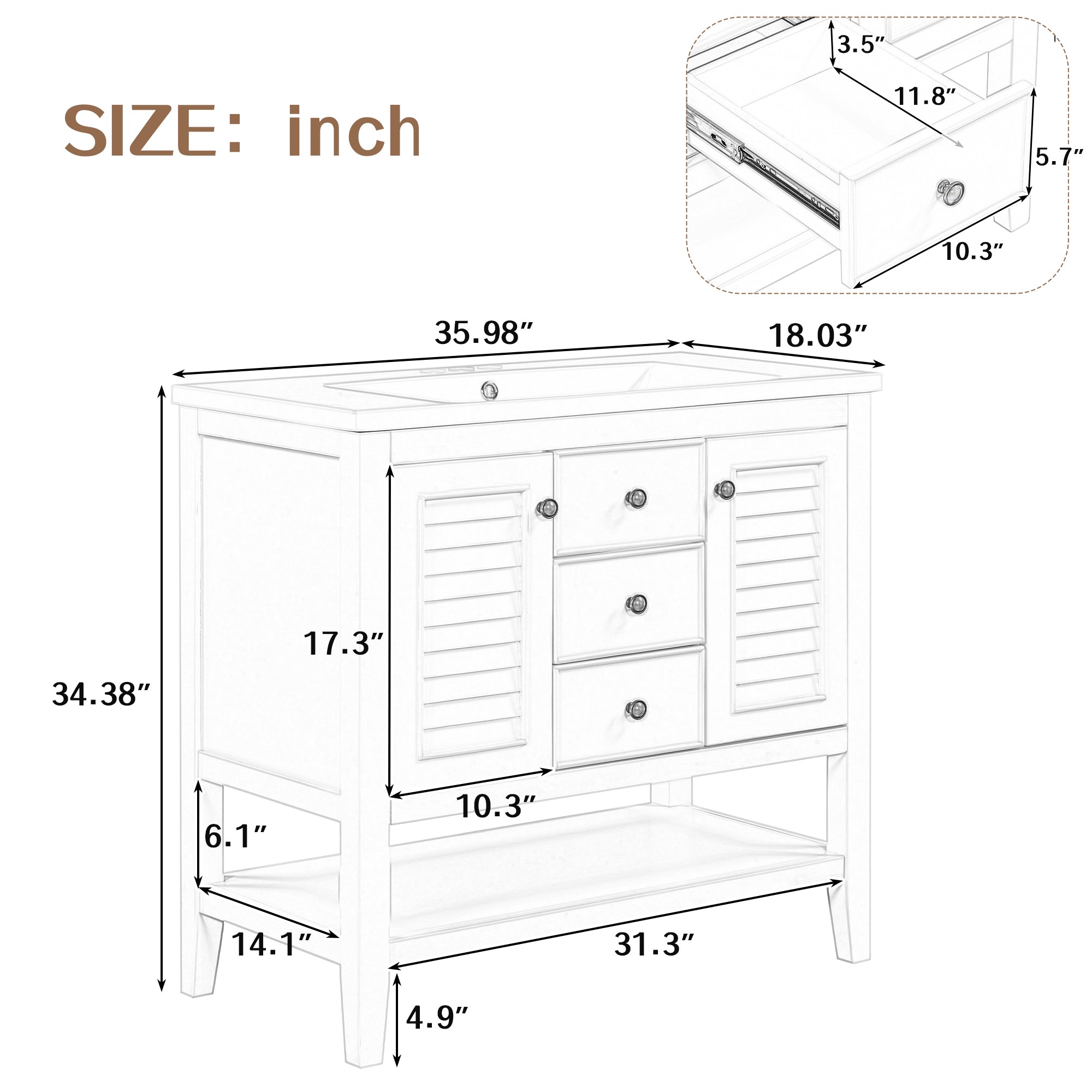 36" Bathroom Vanity with Ceramic Basin, Two Cabinets and Drawers, Open Shelf, Solid Wood Frame, Grey (OLD SKU: SY999101AAE)