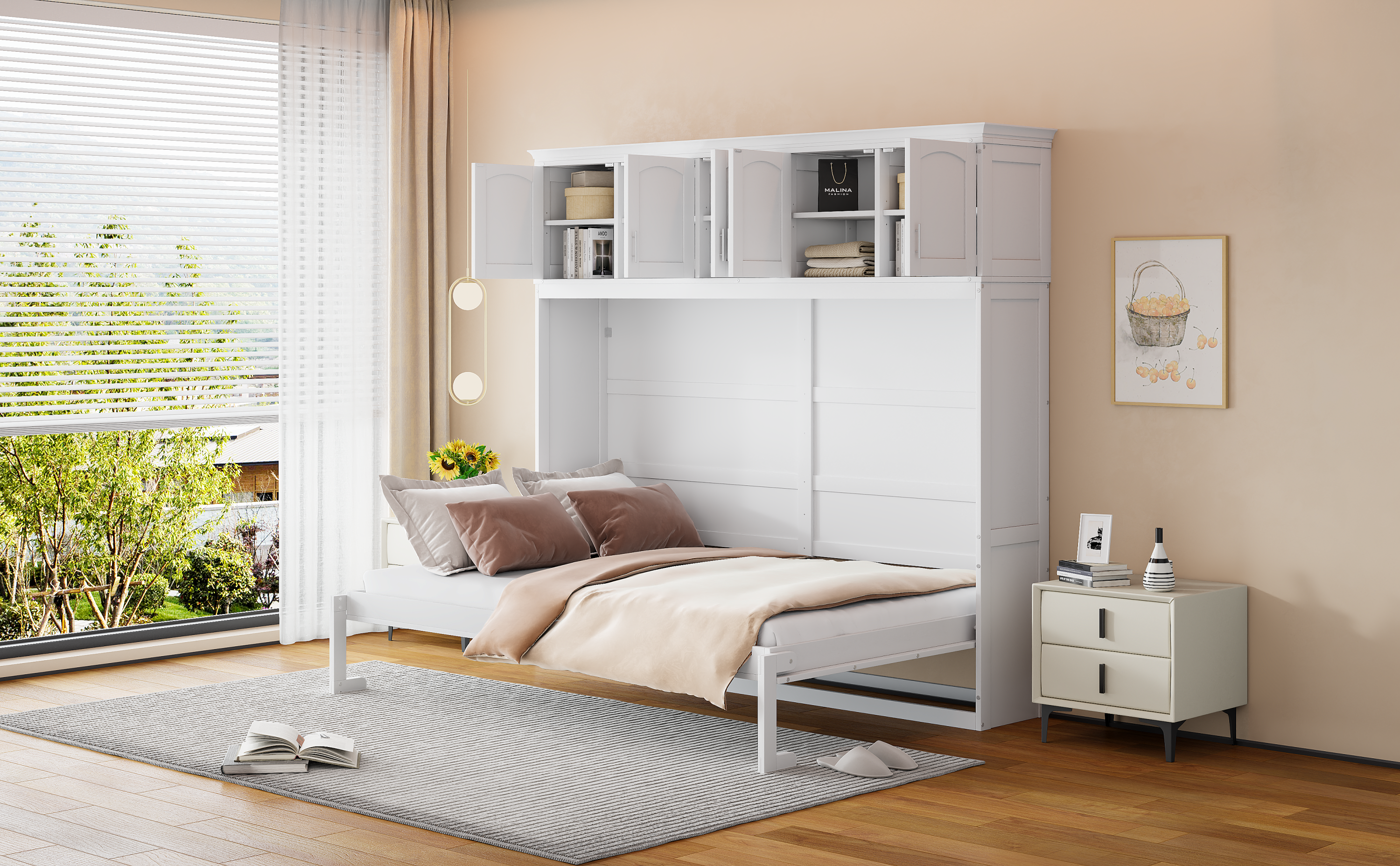 Queen Size Murphy Bed Wall Bed with Top Cabinets,White