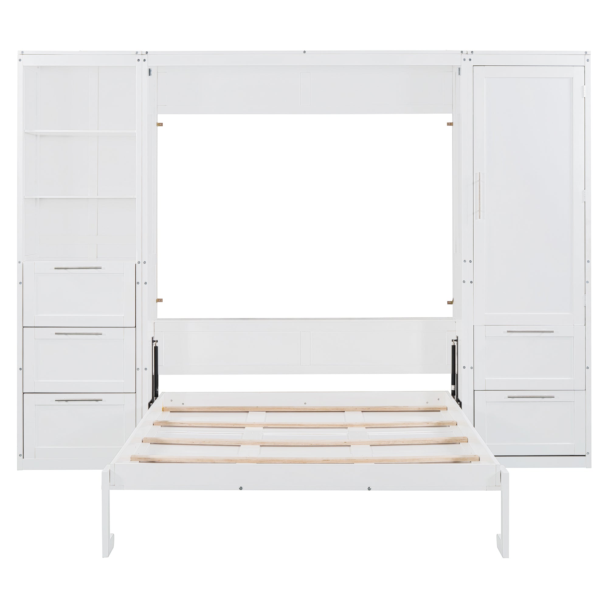 Queen Size Murphy Bed Wall Bed with Closet ,Drawers and Shelves,White