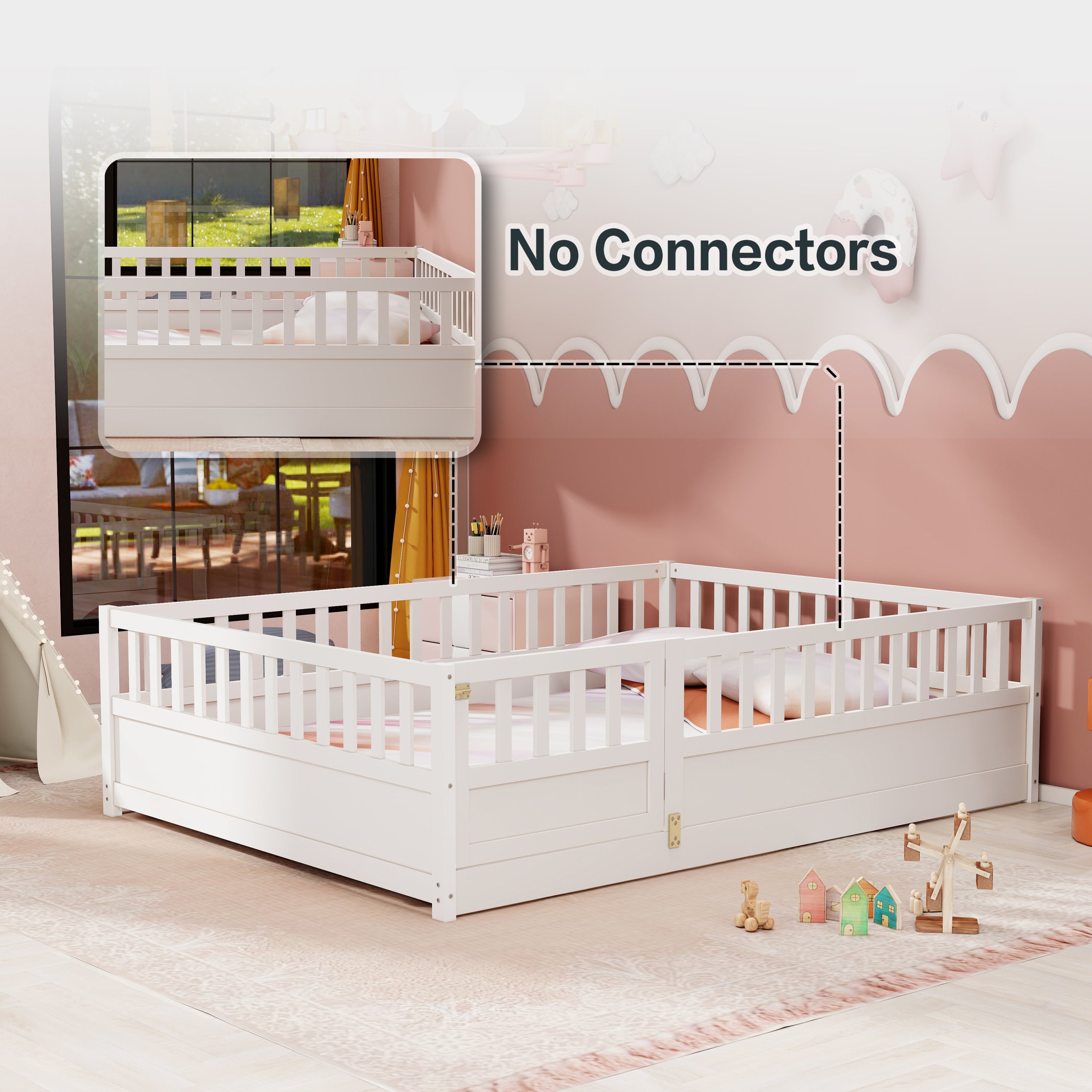 Full size  Floor bed, integral construction with super high security barrier, door, children's floor bed frame, Montessori wooden children's floor bed, white