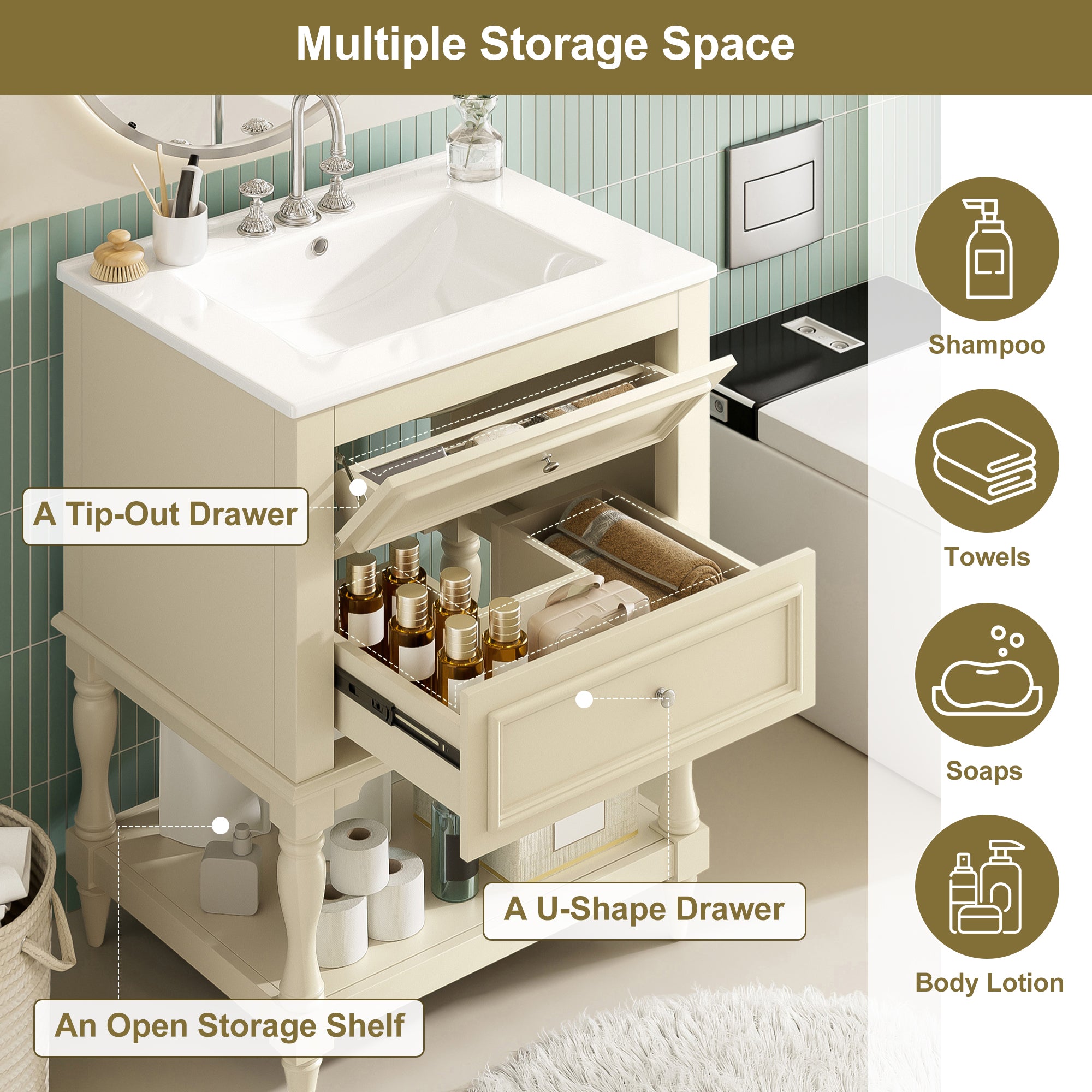 Retro bathroom vanity cabinet with 2 drawers open