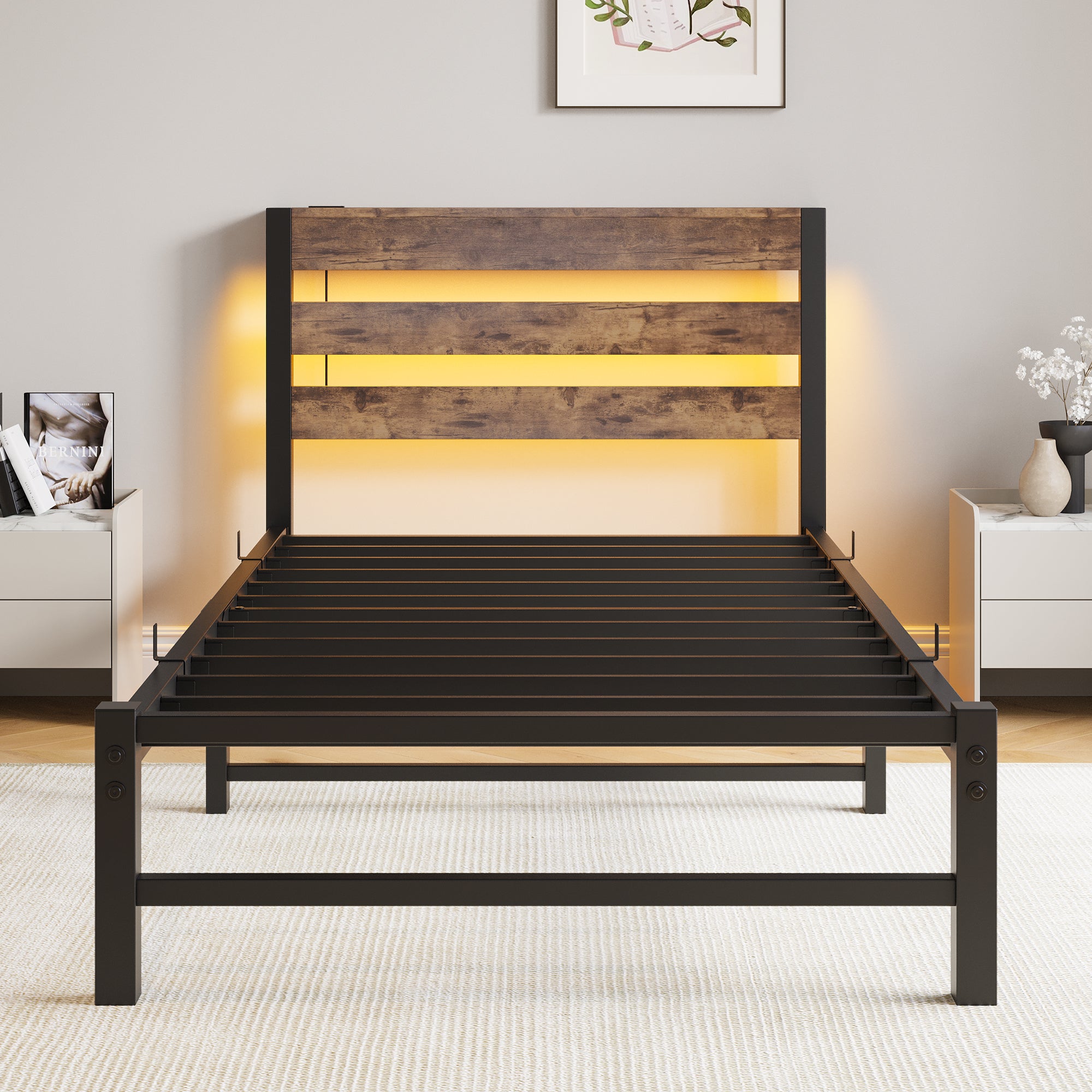 Twin Size Bed Frame Heavy Duty Platform Bed Frame with Headboard, USB Charging Station, LED Bed, No Box Spring Needed, Mattress Foundation, Strong Steel Slats, Noise Free, Brown