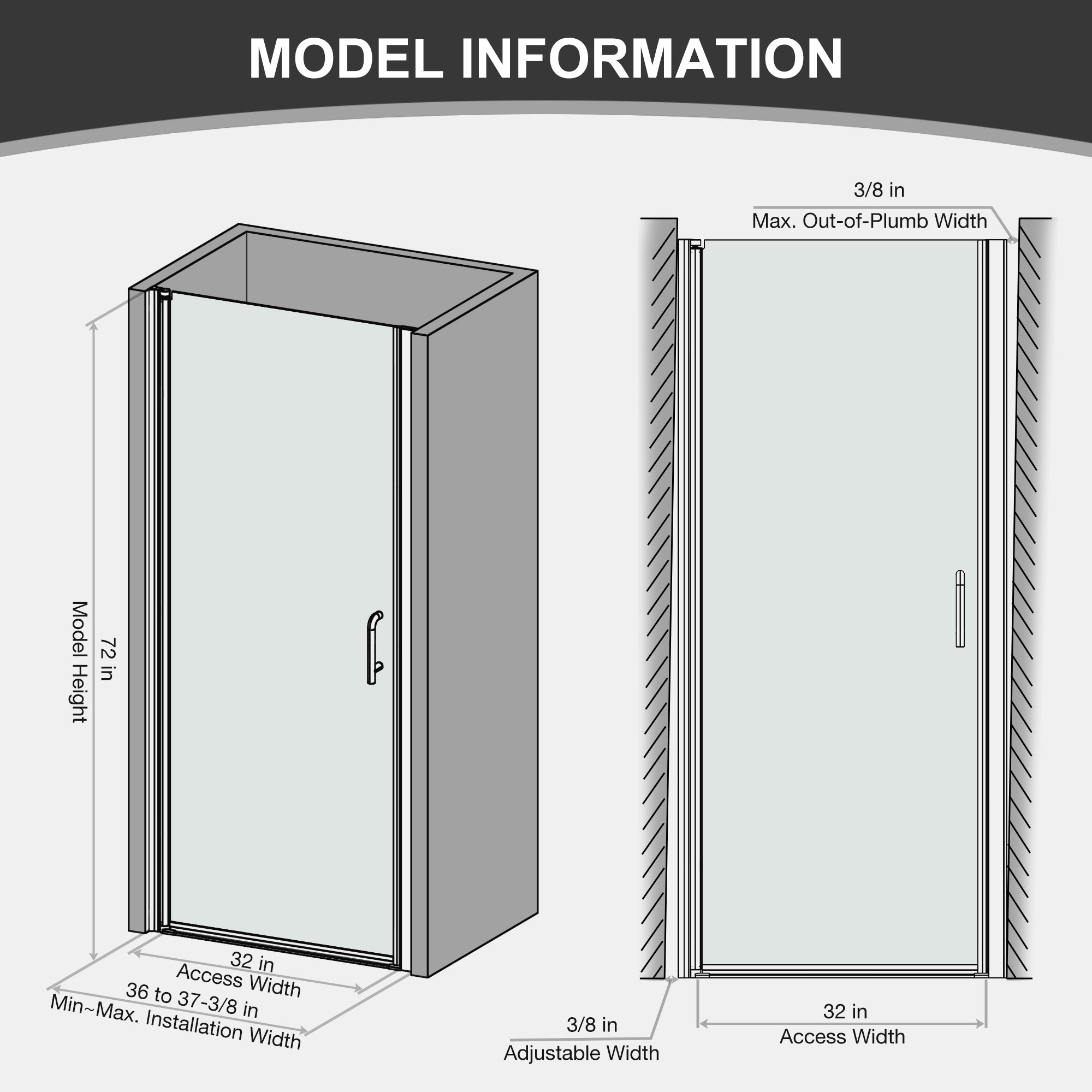 36"-38"W x 72"H Semi-Frameless Pivot Shower Door in Chrome With Clear Glass