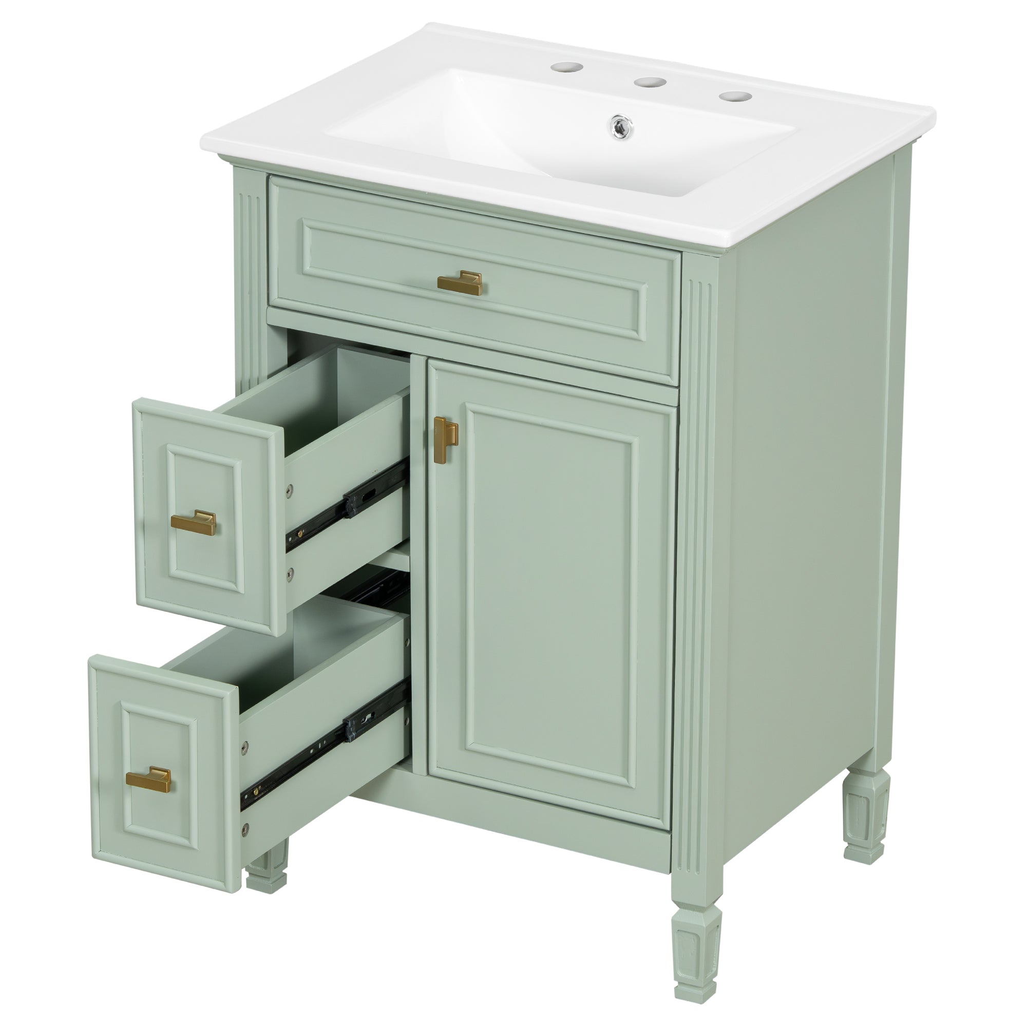 Green bathroom vanity with open drawers showing storage