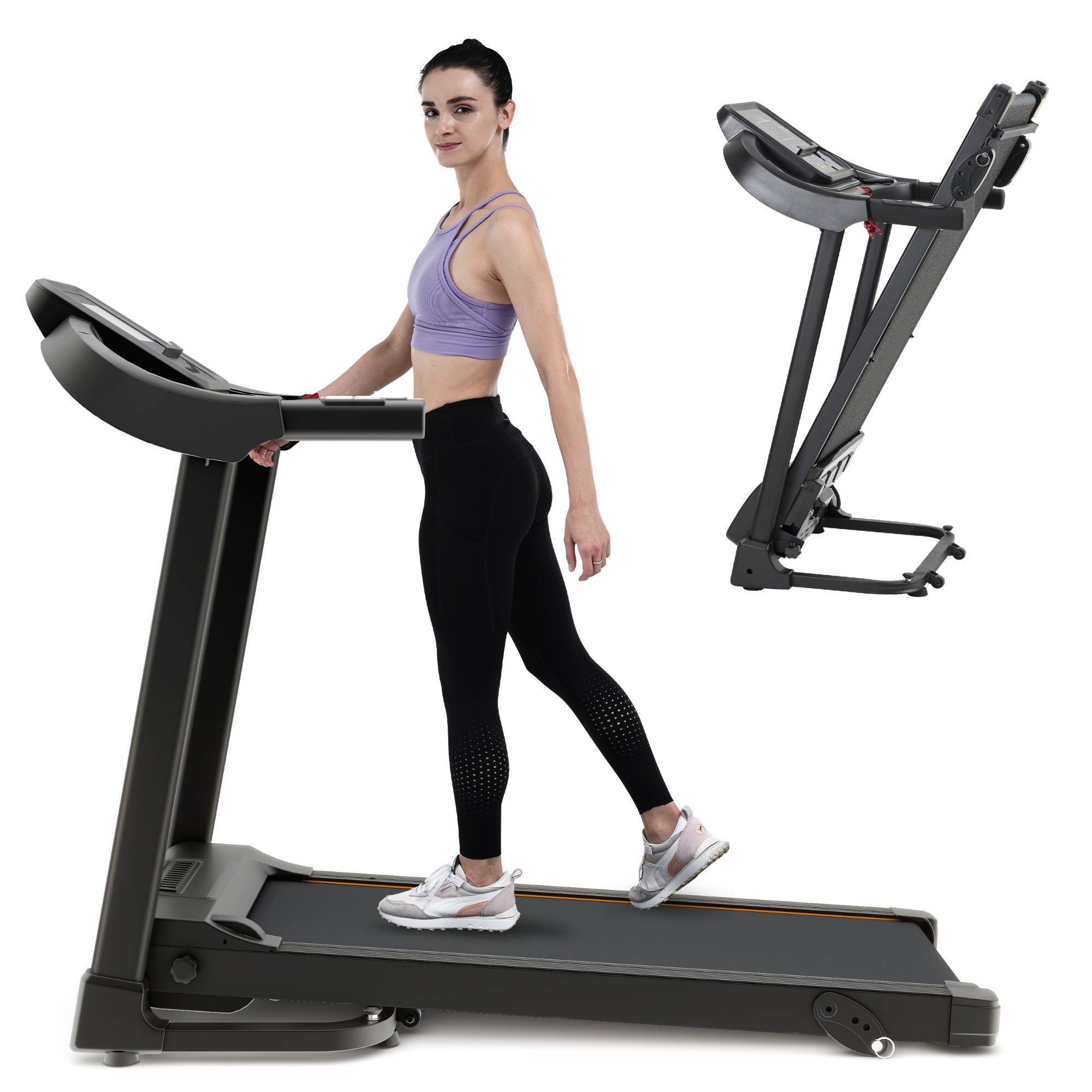 Compact Easy Folding Treadmill Motorized Running Jogging Machine with Audio Speakers and Incline Adjuster