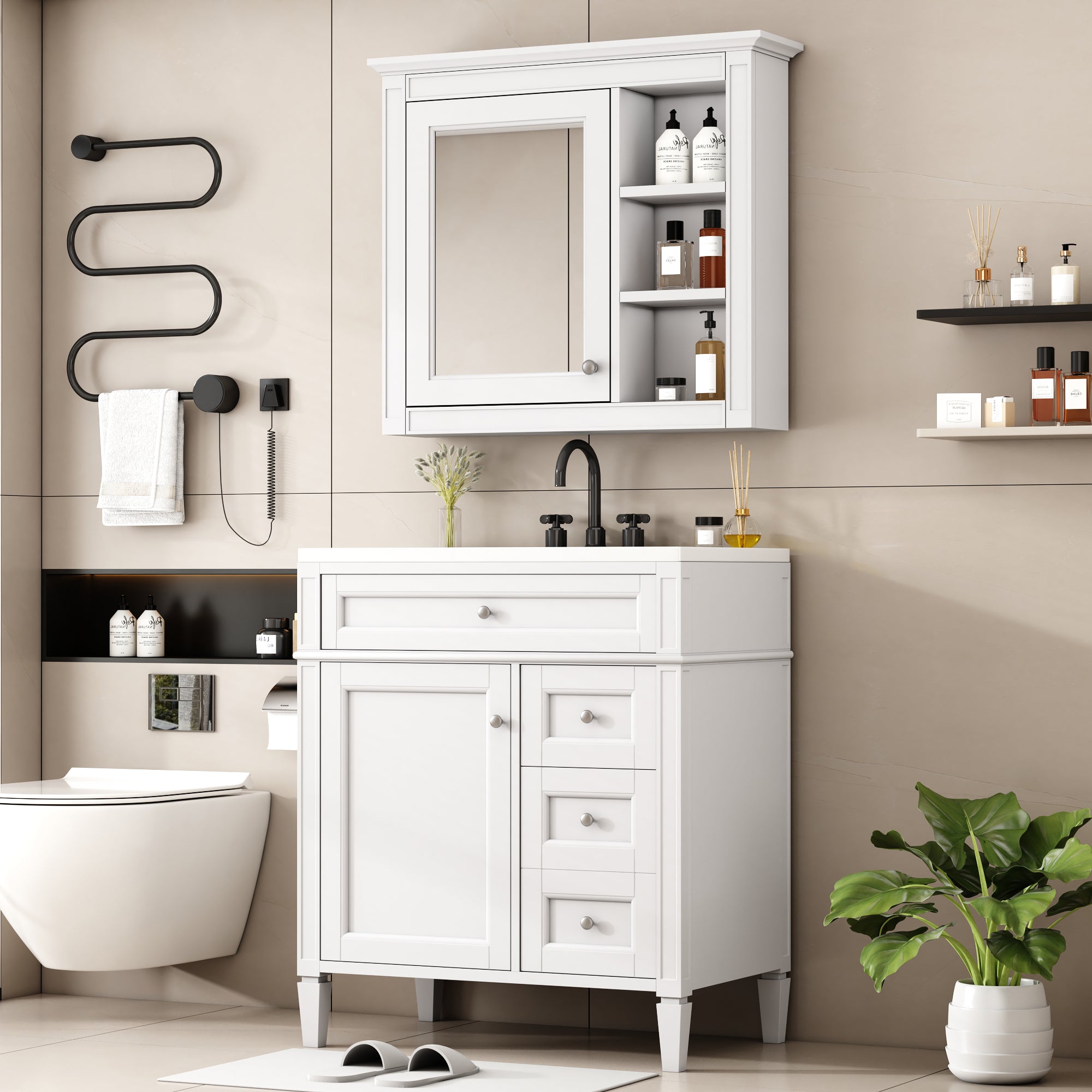 Modern bathroom vanity with 2 drawers and tip-out drawer, storage detail