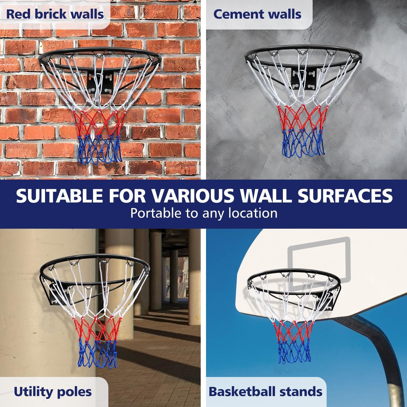 Basketball Rim Replacement Standard 18" Steel Rim Wall Mounted Basketball Goal Hoop with Net for Indoor Outdoor Black