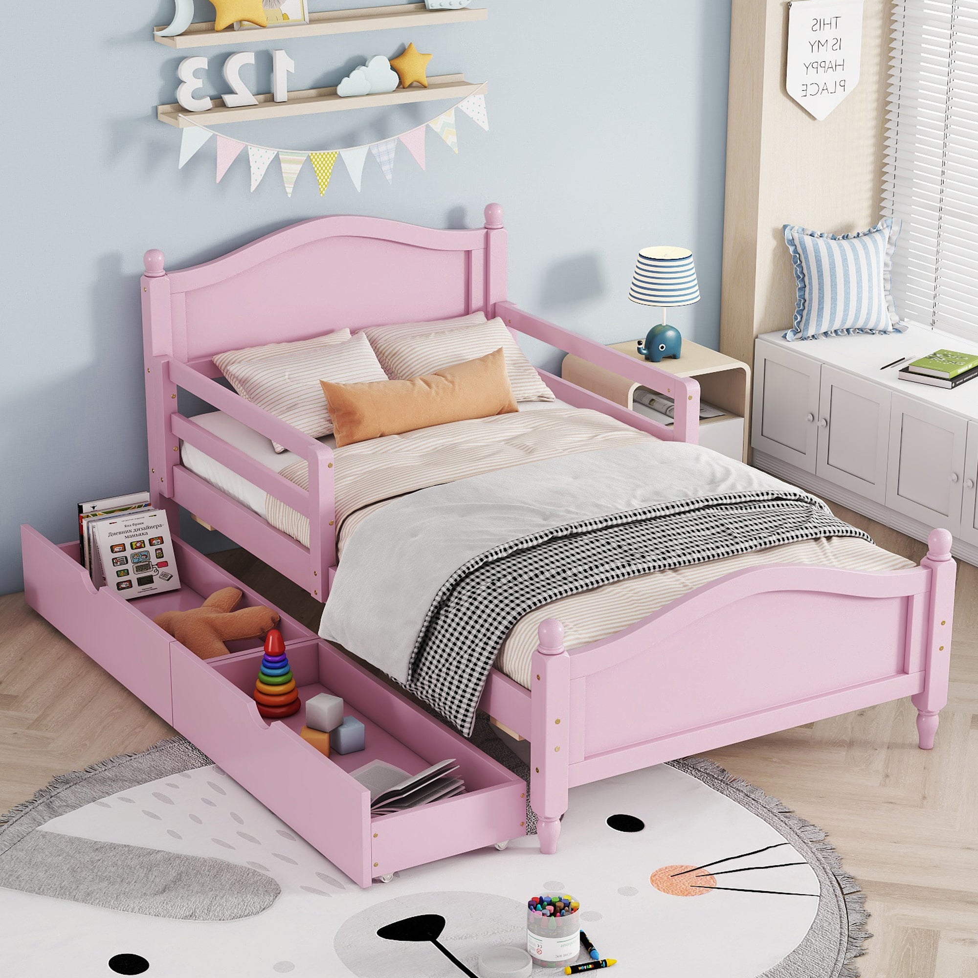 Twin Size Wood Platform Bed with Guardrails on Both Sides and Two Storage Drawers ,Pink