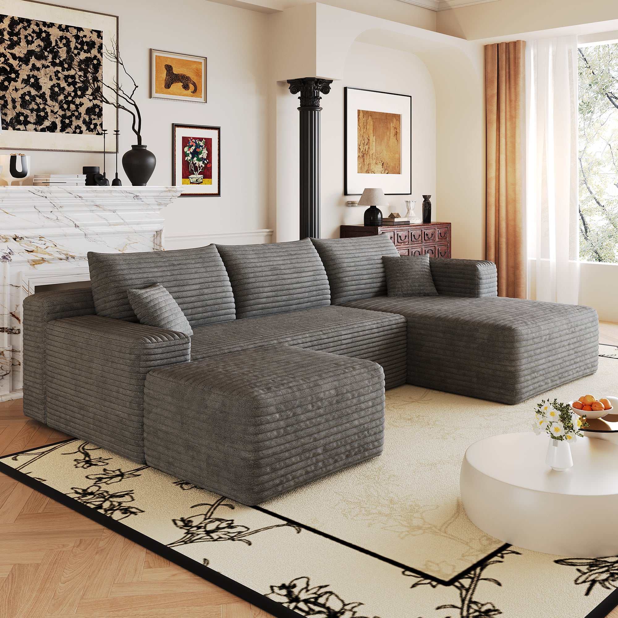Dark grey corduroy corner couch, living room setting