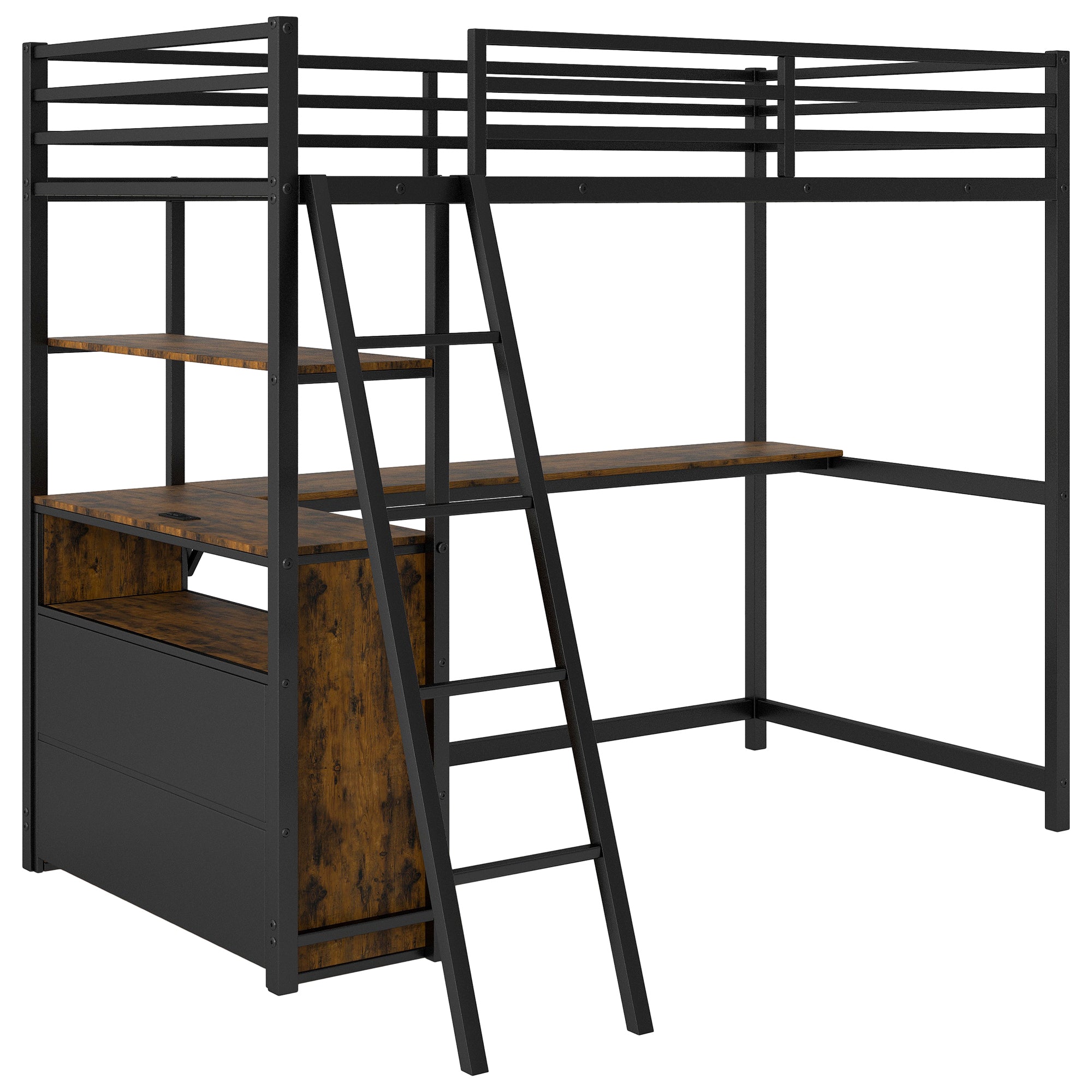 Twin Size Metal&Wood Loft Bed with Desk and Shelves, Two Built-in Drawers, LED Light and USB Charging Station, Black