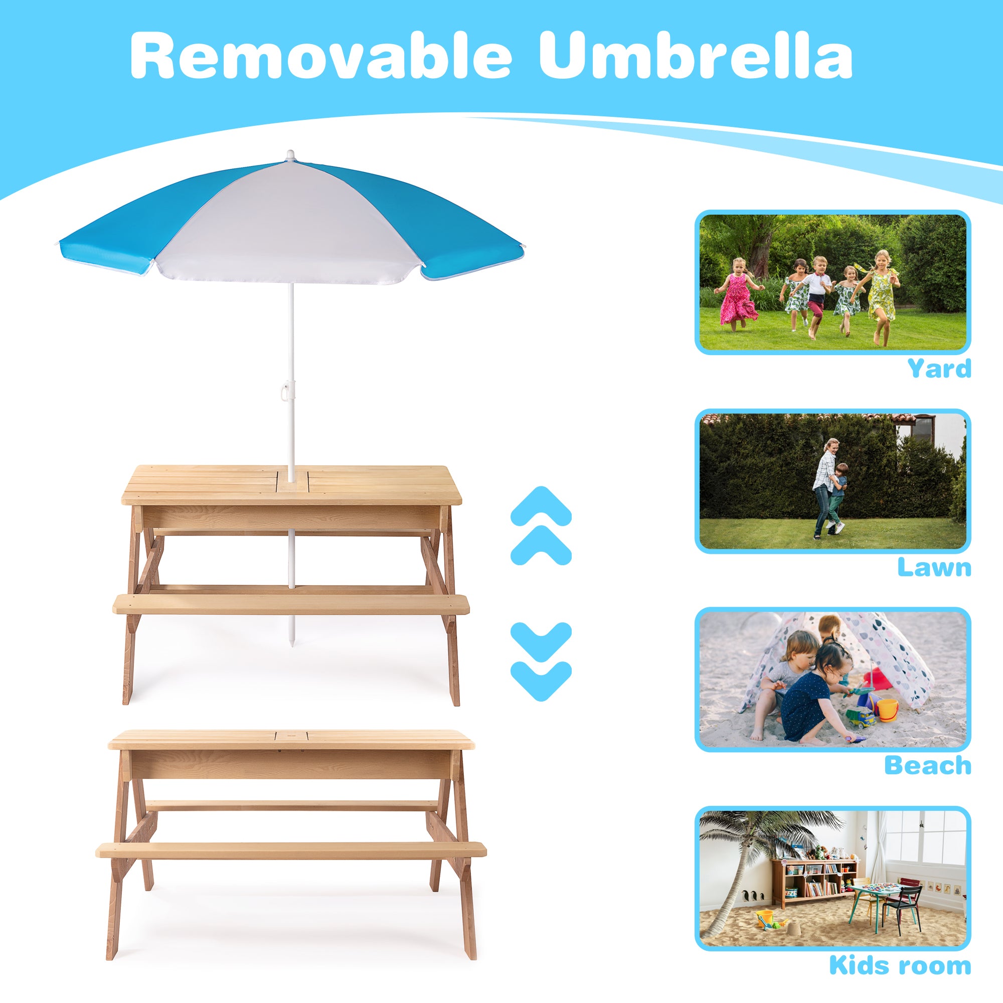 3-in-1 Kids Outdoor Wooden Picnic Table With Umbrella, Convertible Sand & Wate, Gray ASTM & CPSIA CERTIFICATION