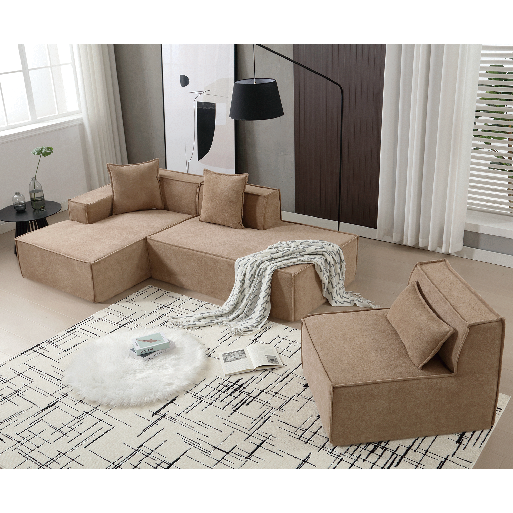 [VIDEO PROVIDED] Modular combination living room sofa set, modern minimalist sofa, free installation sofa, L-shaped, Italian minimalist tofu block sofa, Left-Hand Facing,Terrycloth fabric, Light Brown