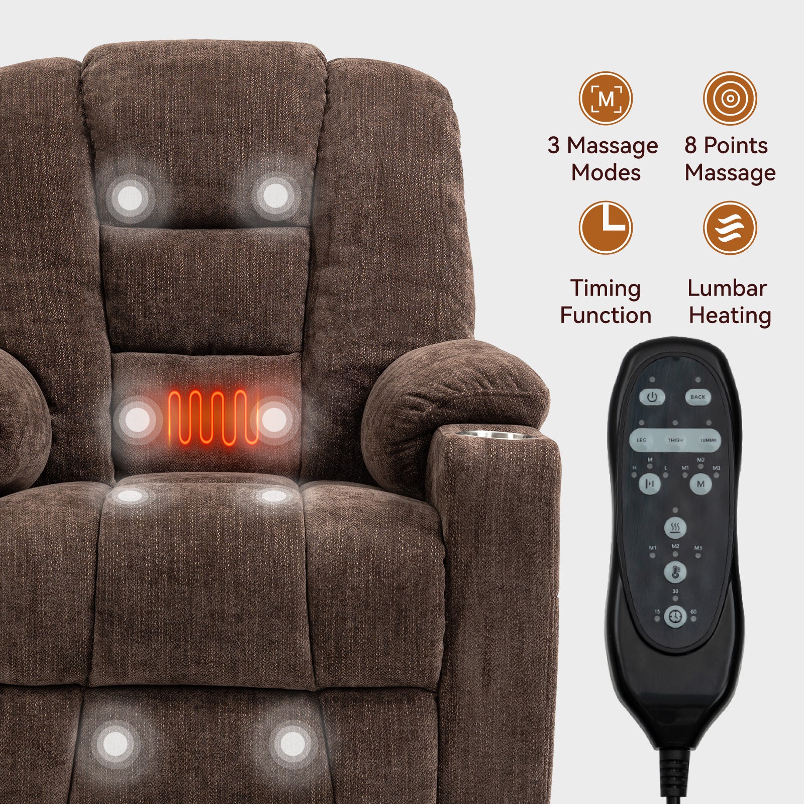 EMON'S Large Power Lift Recliner Chair with Massage and Heat for Elderly, Overstuffed Wide Recliners, Heavy Duty Motion Mechanism with USB and Type C Ports, 2 Steel Cup Holders, Brown