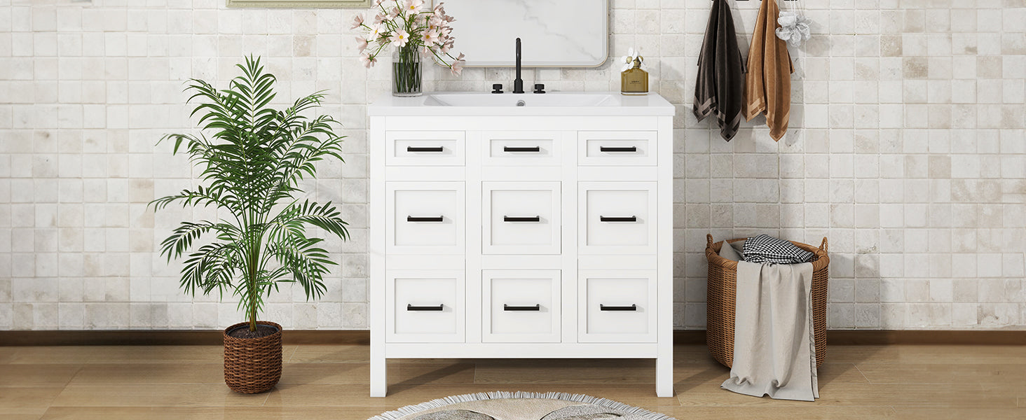 36" Bathroom Vanity Cabinet with Resin Integrated Sink - 4 Drawers, 2 Doors