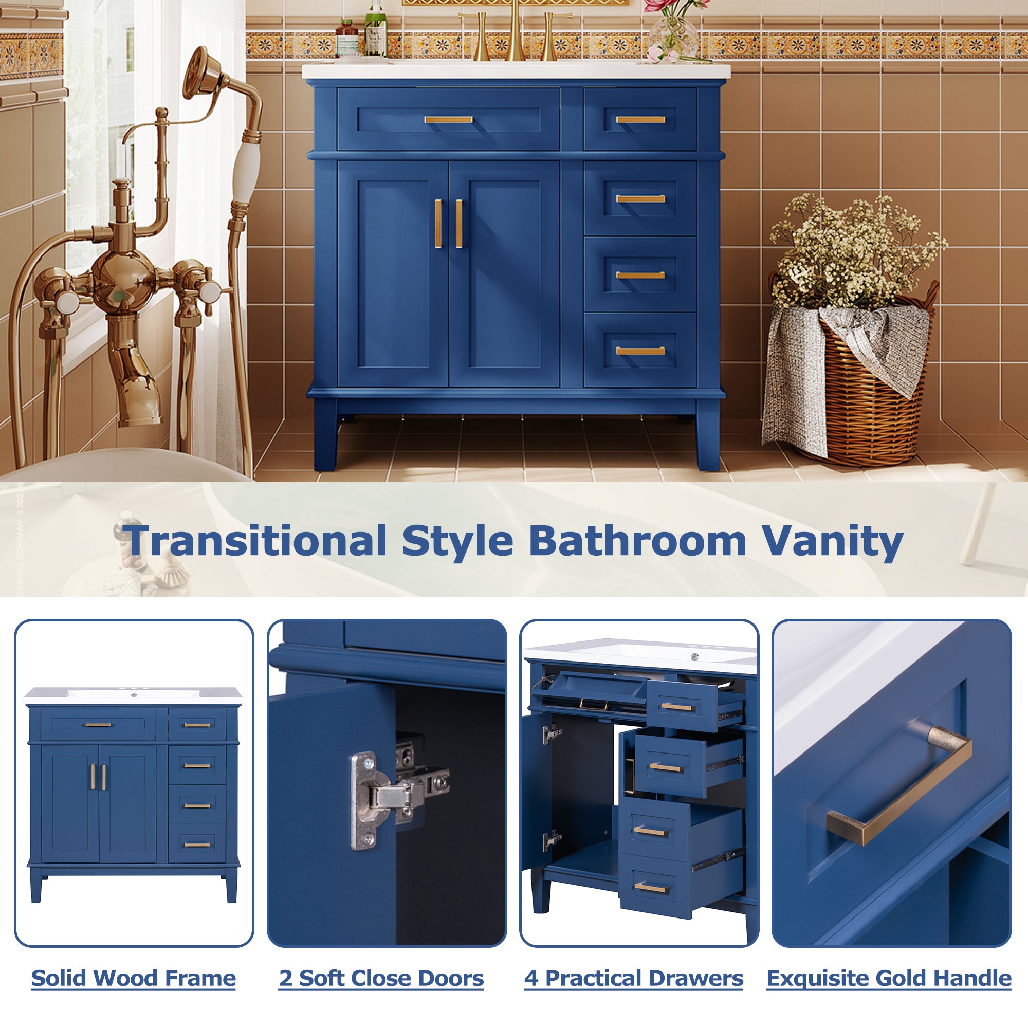 36-inch Bathroom Vanity with Resin Sink, Modern Bathroom Cabinet in Blue, Featuring Two Soft Close Doors and Four Drawers