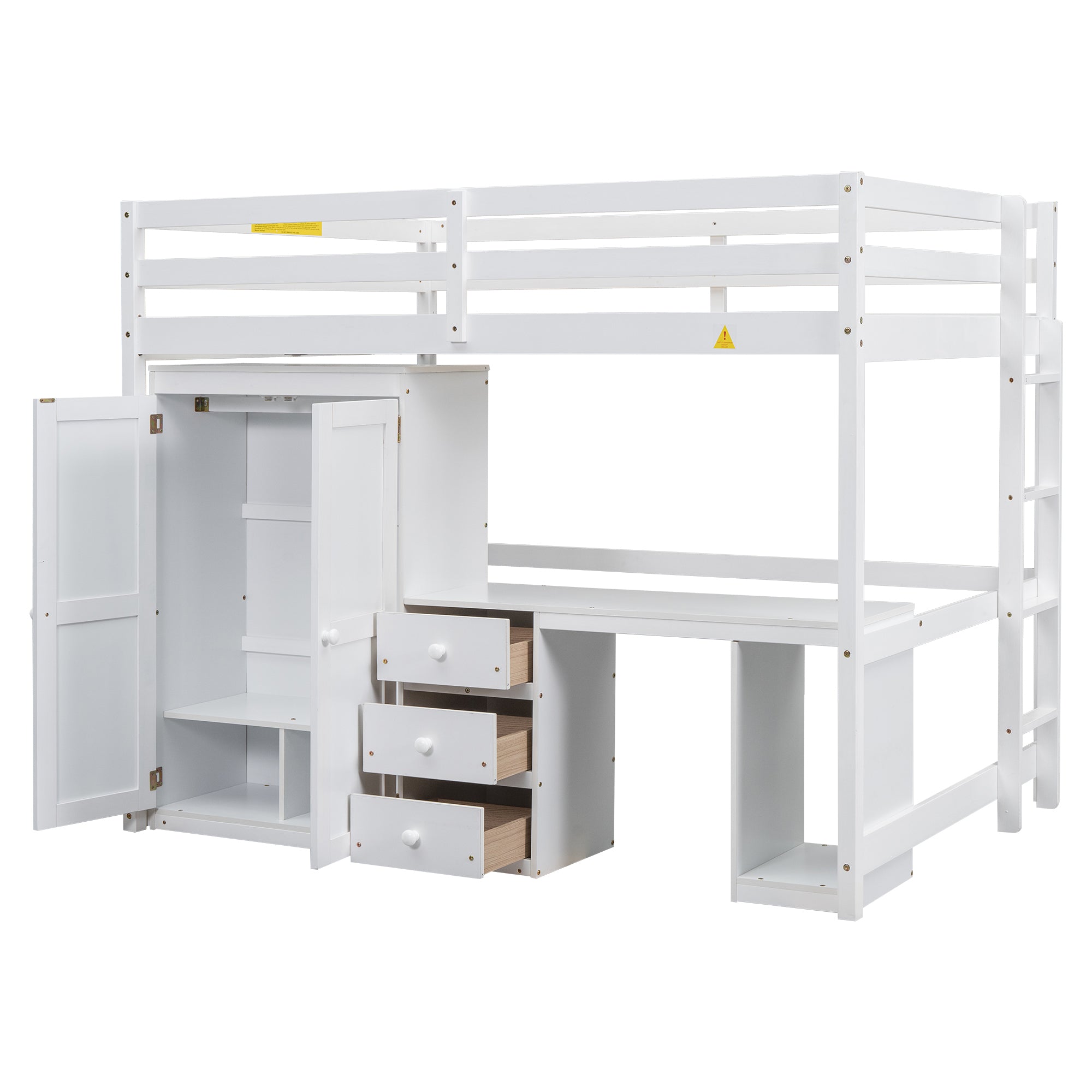 Full Size Loft Bed with Wardrobe, Desk and Storage Drawers, White