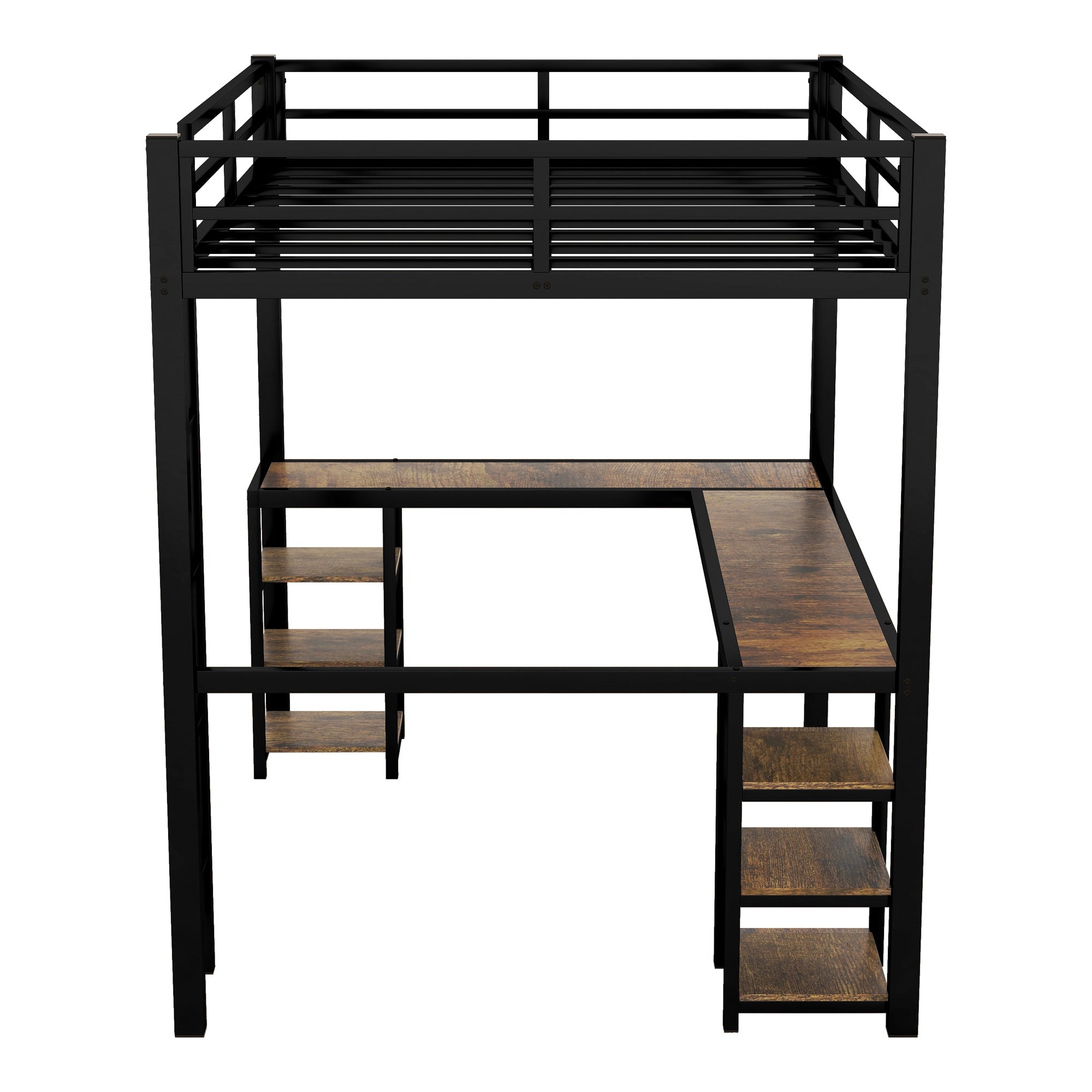 Full Metal Loft Bed with Desk and Shelves, Loft Bed with Ladder and Guardrails, Loft Bed Frame for Bedroom, Black with Vintage Wood-colored desk