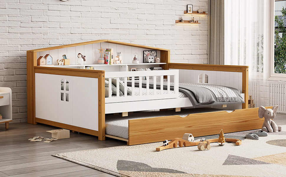 Full Size House Shape Daybed with Trundle and Bookcase Headboard  Wooden  Bed for Girls Boys Teens, No Box Spring Needed, Walnut and White