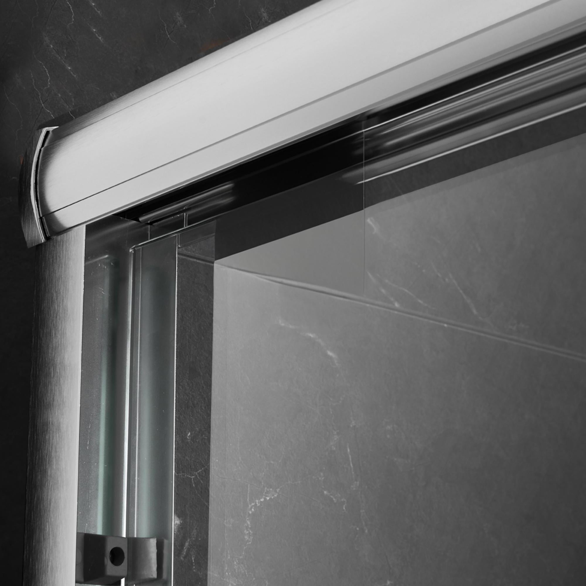 Frameless sliding shower door 60 in. by 74 in. brushed nickel roller detail