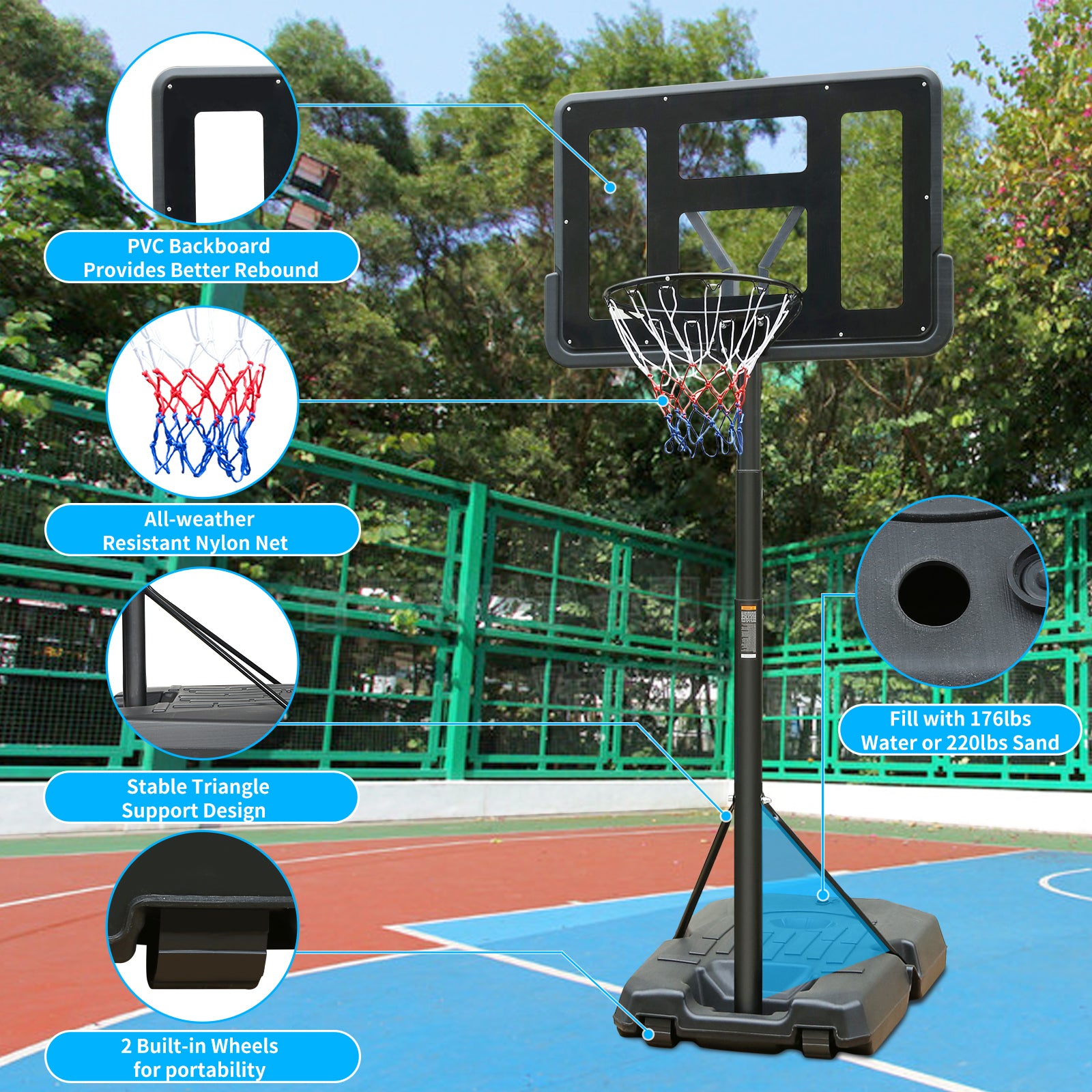 Portable Basketball Hoop Height Adjustable basketball hoop stand 6.6ft - 10ft with 44 Inch Backboard and Wheels for Adults Teens Outdoor Indoor