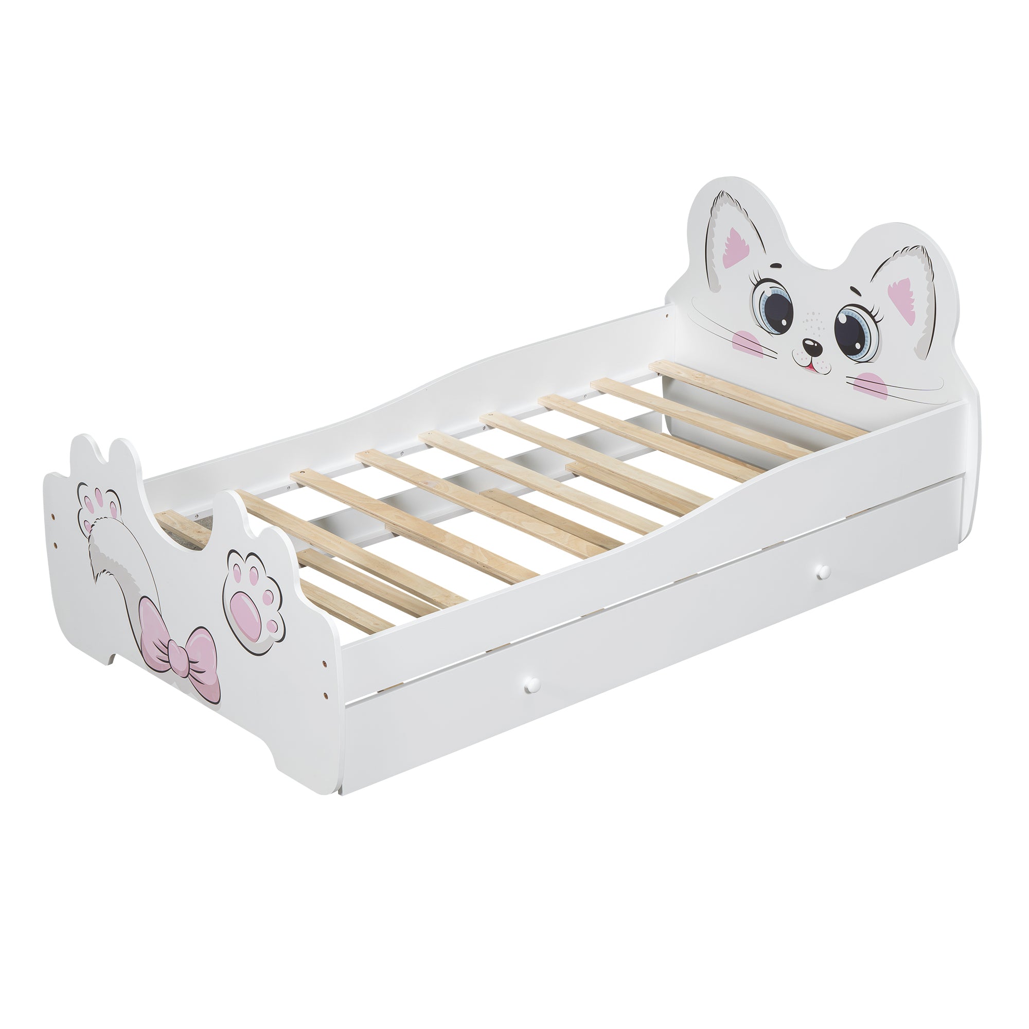 Cartoon Twin Size Platform Bed with Trundle, White