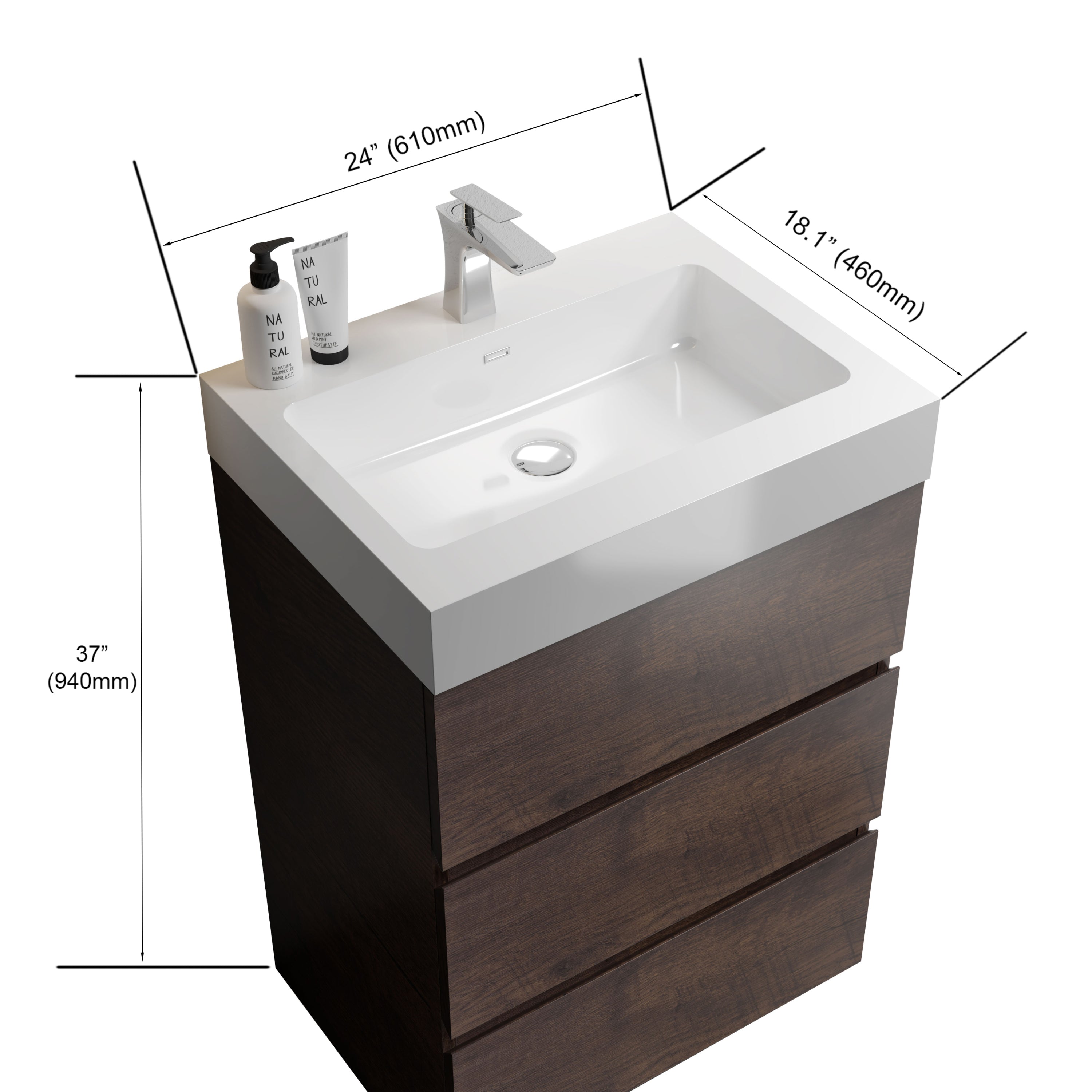 Alice 24" Walnut Bathroom Vanity with Sink, Large Storage Freestanding Bathroom Vanity for Modern Bathroom, One-Piece White Sink Basin without Drain and Faucet, Pre-assembled