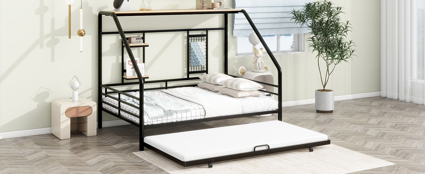 Full Size Metal House Bed with Trundle, Black