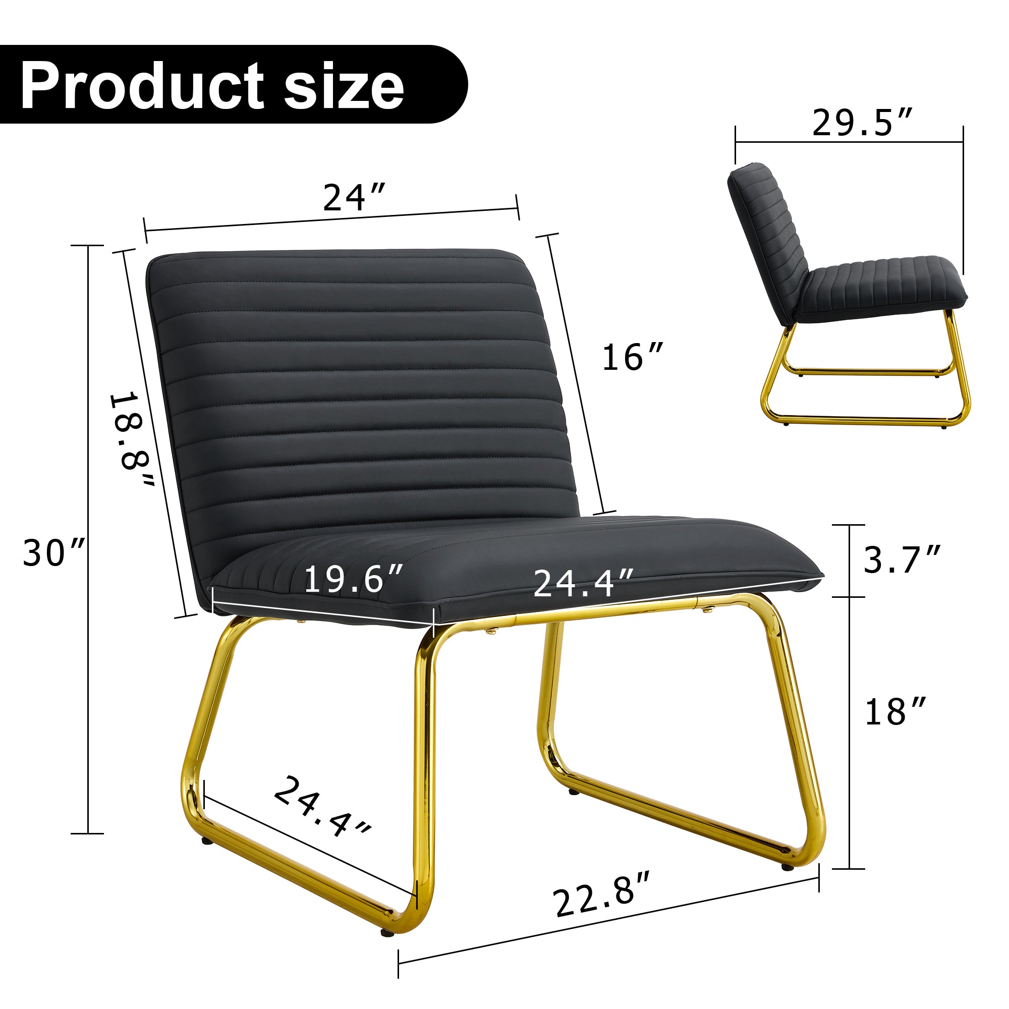 Black minimalist armless sofa chair with PU backrest and golden metal legs, suitable for offices, restaurants, kitchens, and bedrooms