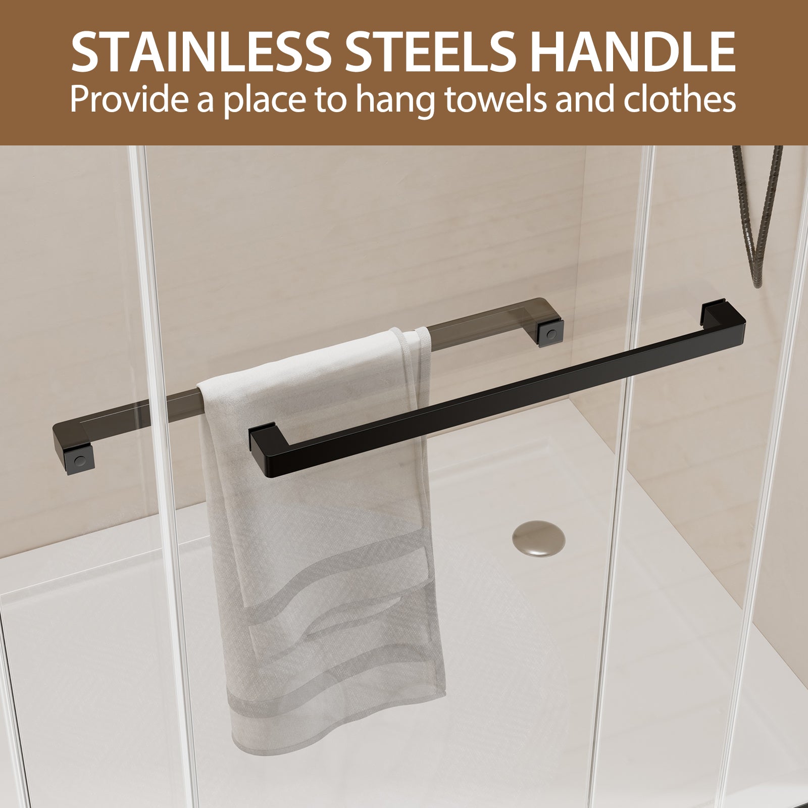 Frameless sliding shower door 44-48 inch matte black glass panel view