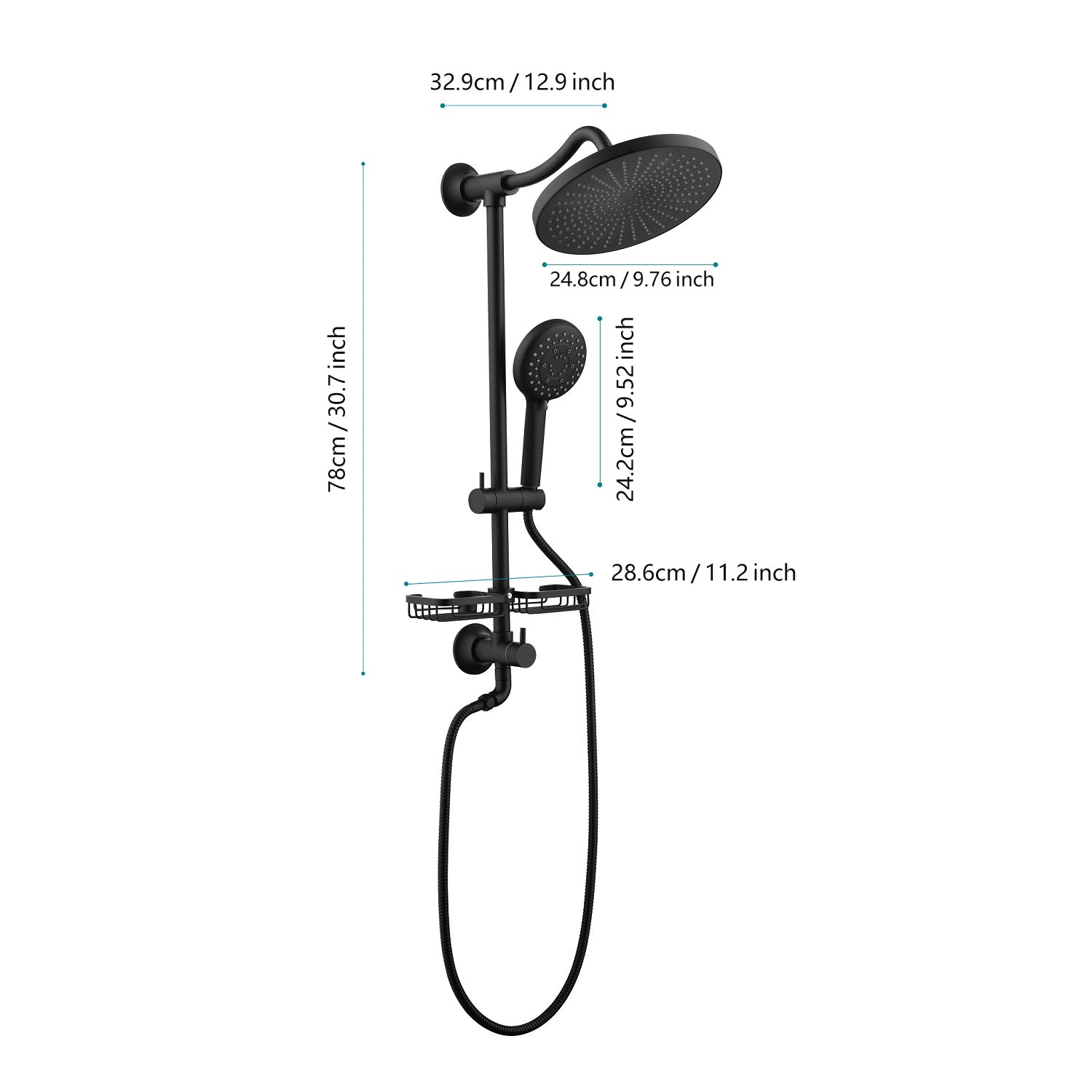 ShowerSpas Shower System, with 10" Rain Showerhead, 4-Function Hand Shower, Adjustable Slide Bar and Soap Dish, Matte Black Finish