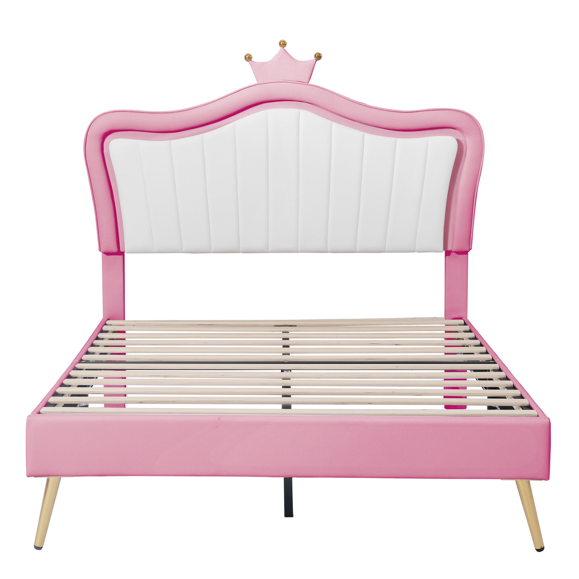 Full Size Upholstered Bed Frame with LED Lights,Modern Upholstered Princess Bed With Crown Headboard,White+Pink